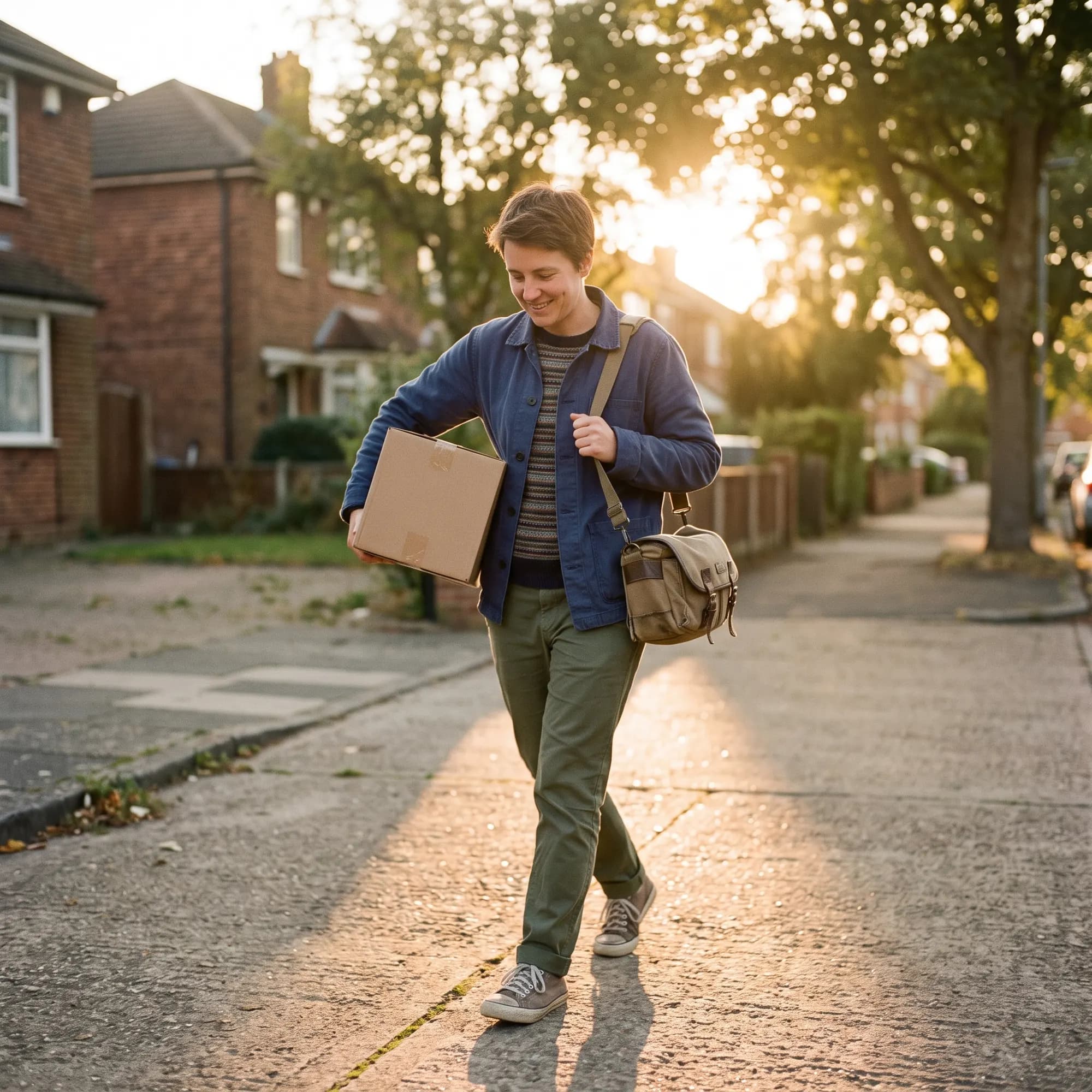 A person walks along a suburban pavement into low evening sun carrying a taped cardboard box under one arm and a canvas satchel over the shoulder, smiling down at the box.