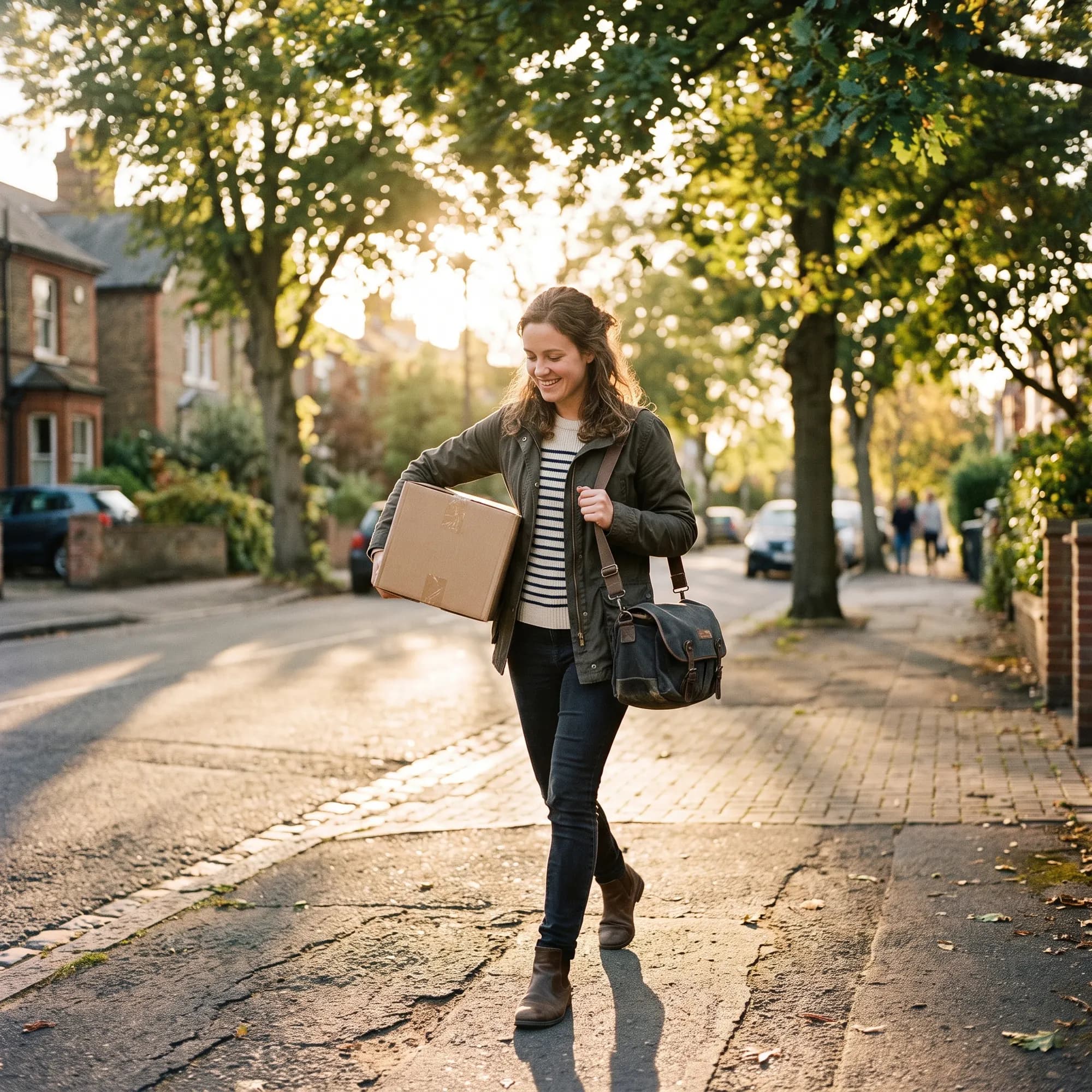 A woman walks along a tree-lined suburban street into low evening sun, carrying a taped cardboard box under one arm and a waxed canvas bag over her shoulder.