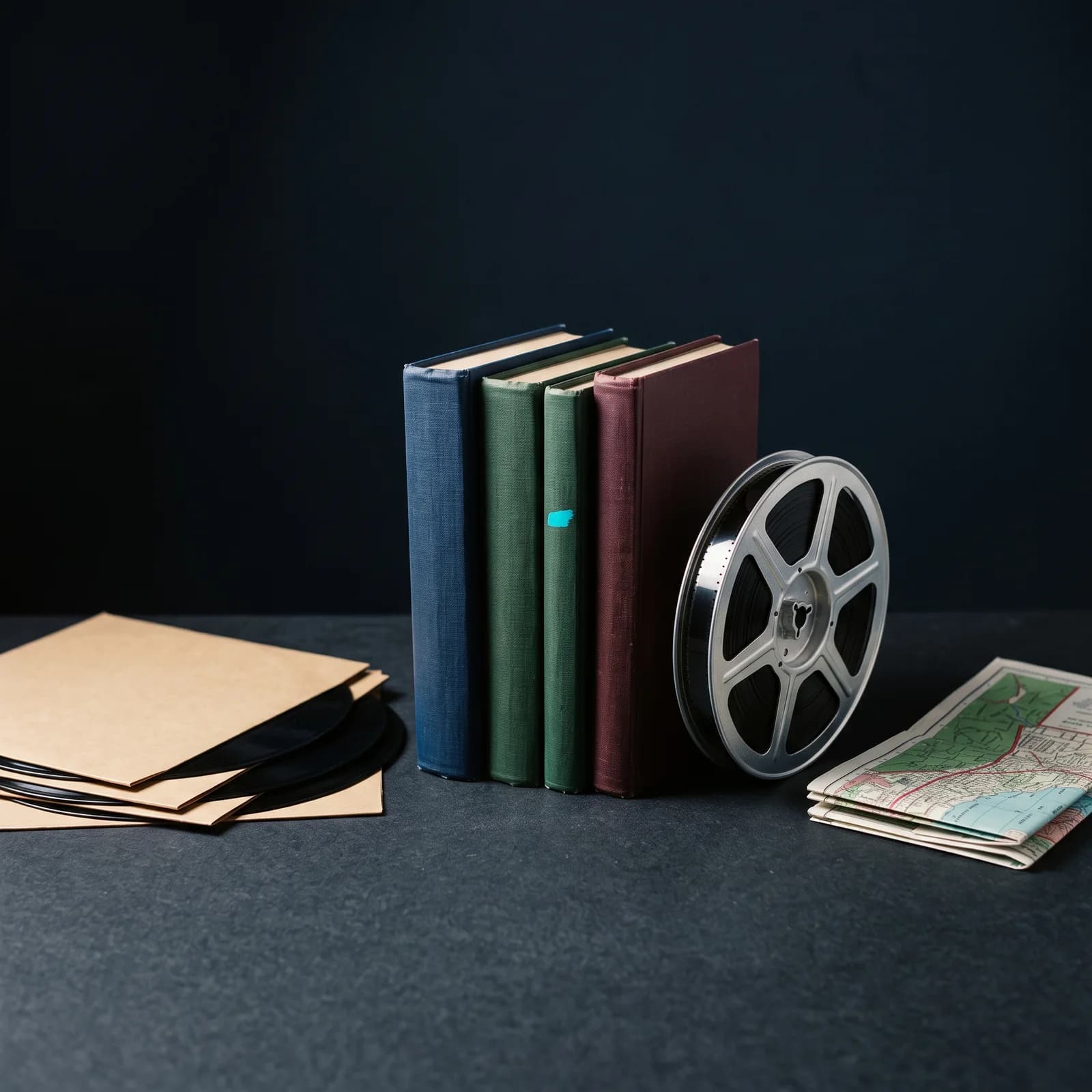 Four cloth-bound hardbacks standing in a row on a dark surface beside a stack of vinyl records in paper sleeves, an eight-millimetre film reel and a folded paper map.