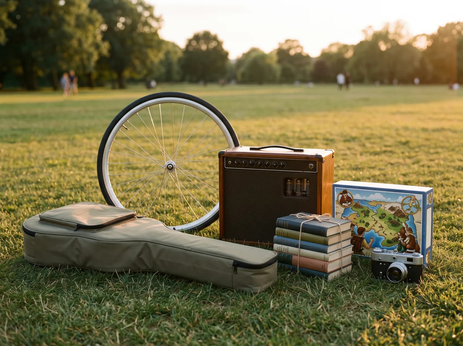 Laid on grass in a park: a bicycle wheel, an acoustic guitar with a soft case, a small amplifier, a tied bundle of books, a 35mm camera and a worn cardboard box.