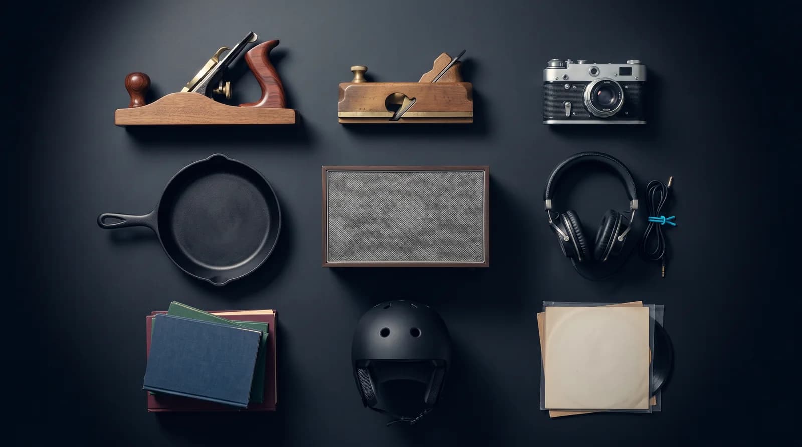 Nine second-hand objects laid out in a grid on a dark surface: a rangefinder camera, a cast-iron pan, headphones, a stack of three hardback books, a small speaker, a wooden hand plane, a second hand plane, a worn cardboard box and a scuffed skate helmet.
