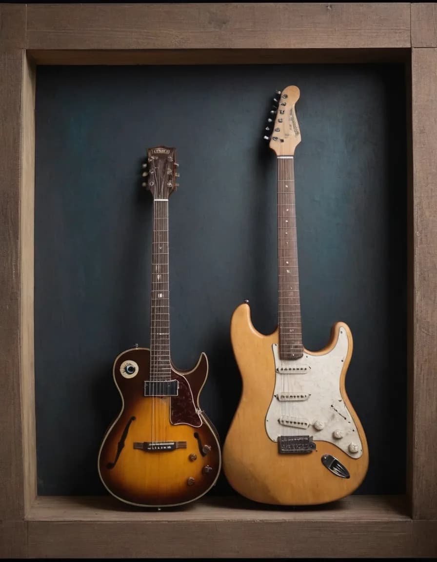 Two electric guitars standing side by side in a wooden display case against a dark blue ground: a sunburst hollow-body archtop on the left and a natural-finish Stratocaster on the right, both clean and complete with full sets of strings.