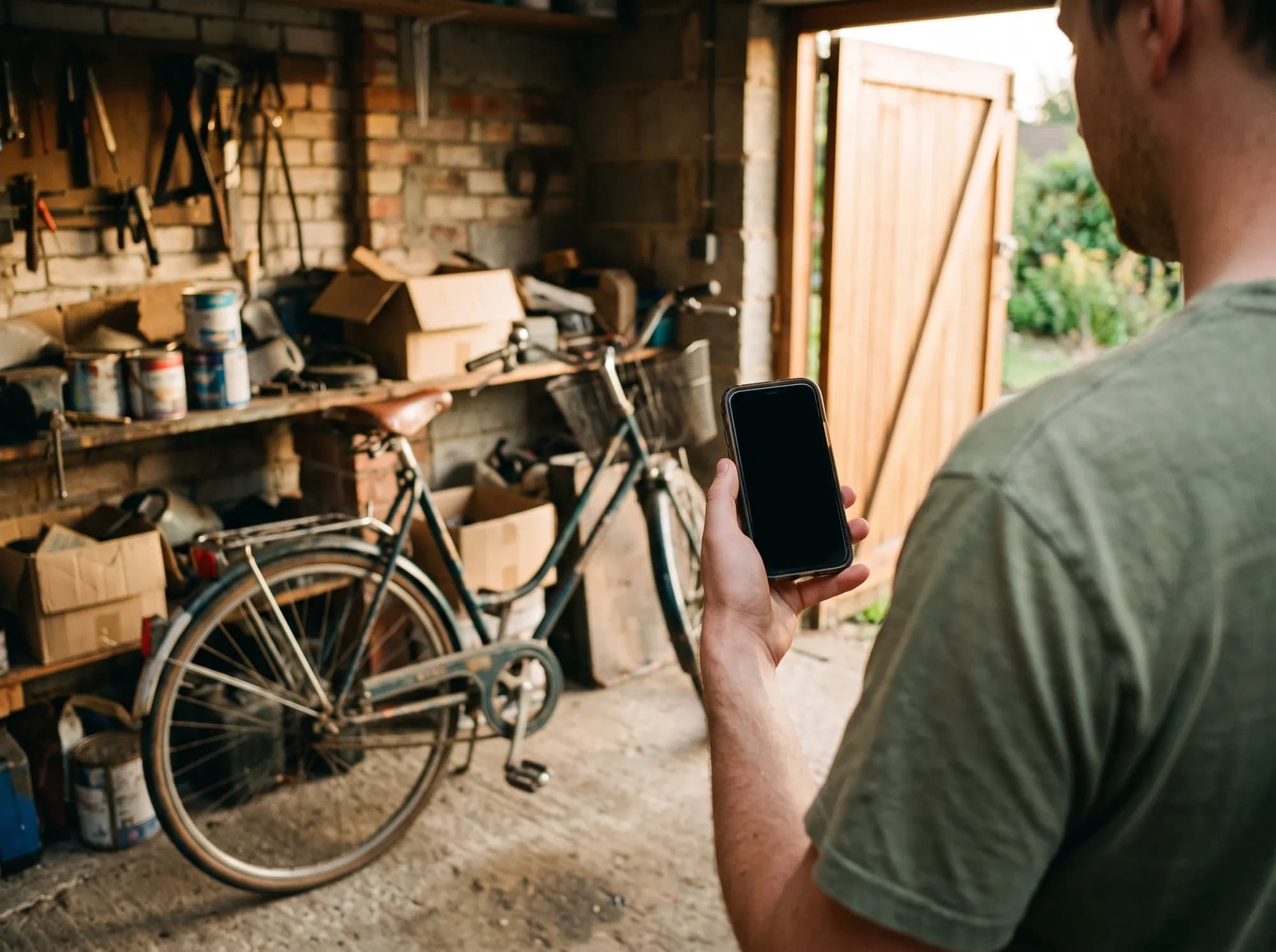Seen over a man's shoulder, a hand holds a phone with a completely blank black screen, aimed at a green step-through bicycle in a brick outbuilding hung with tools.