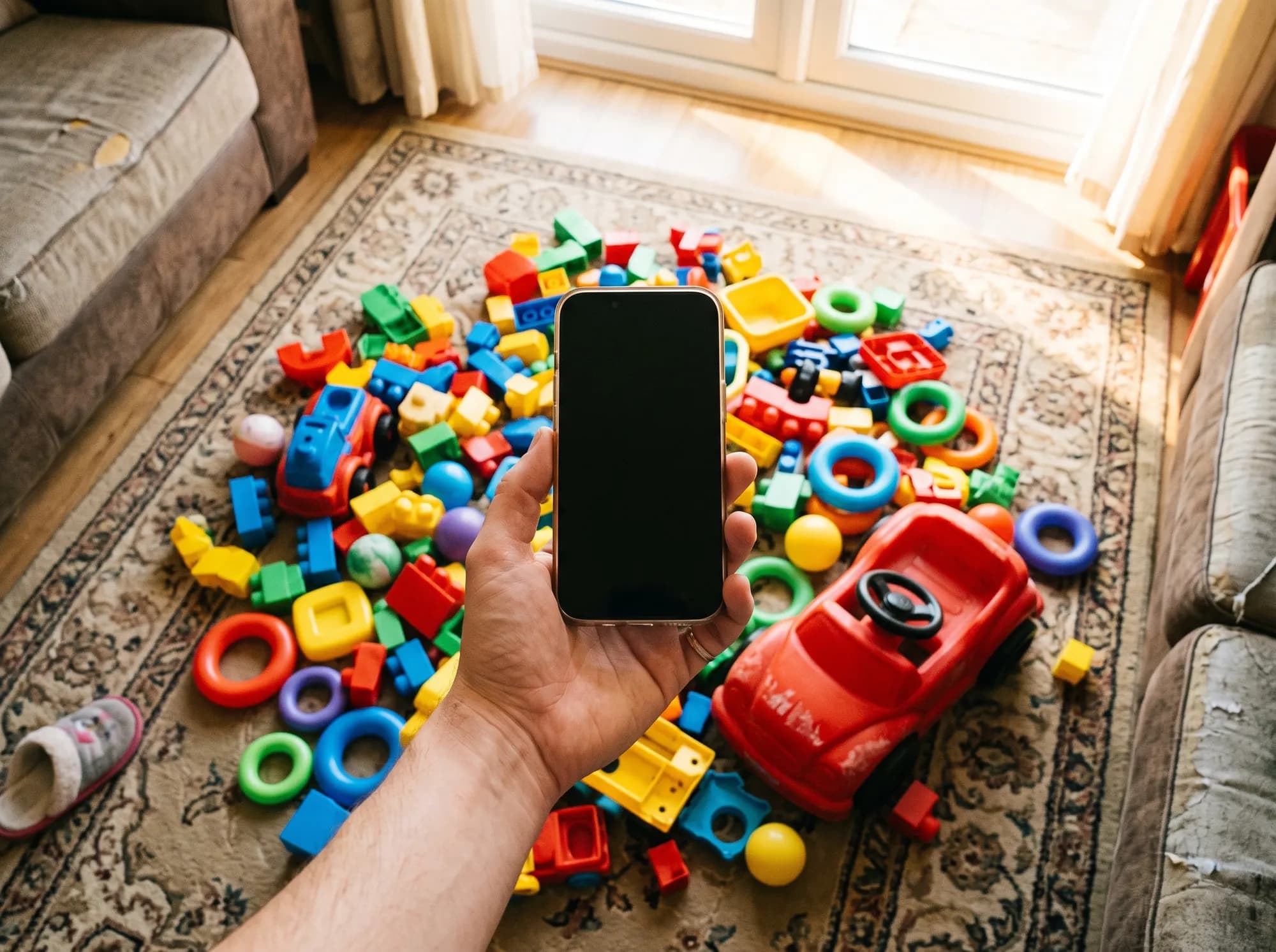 Seen from above, a hand holds a phone with a blank dark screen over a rug covered in plastic toys — building bricks, stacking rings and a red ride-on car.