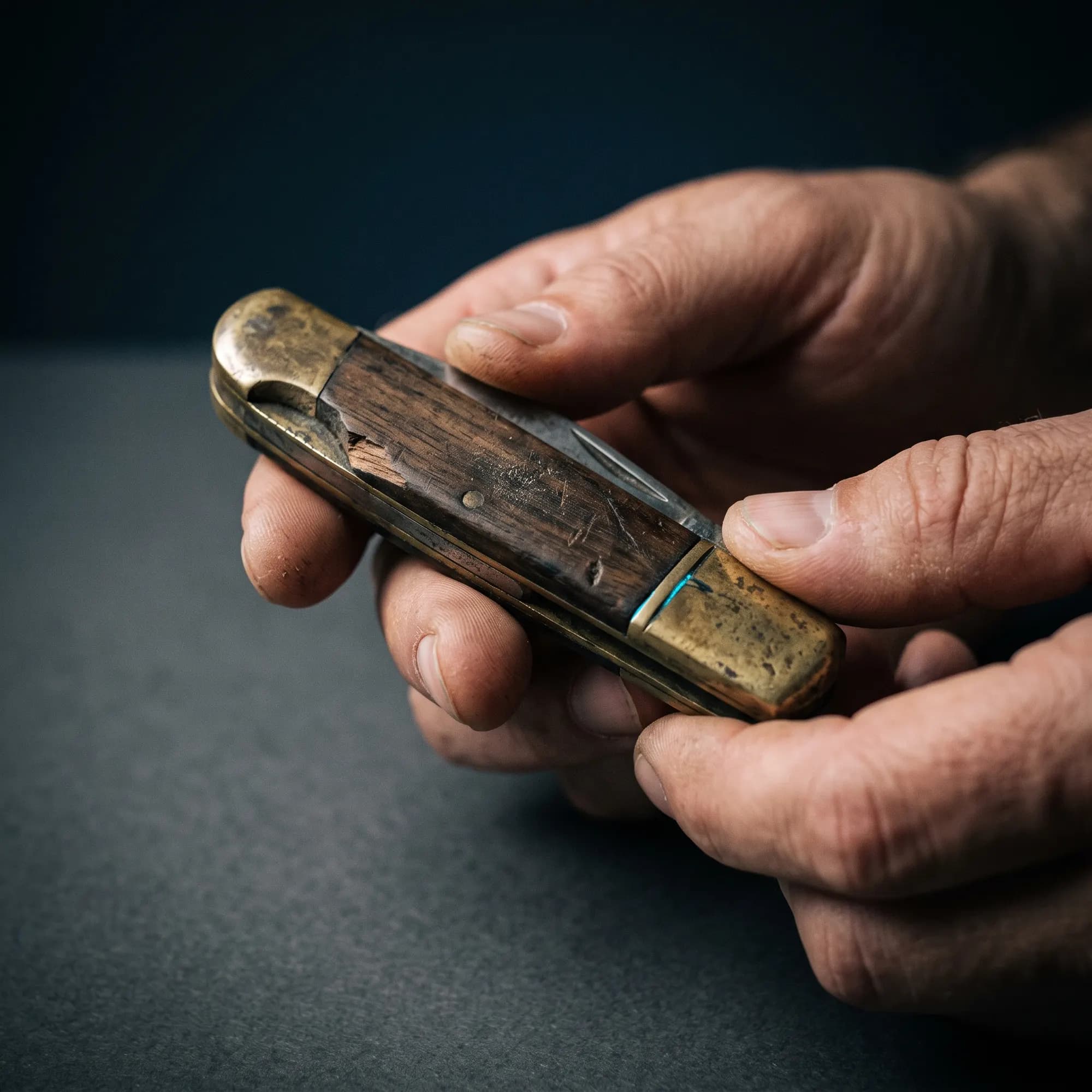 Two weathered hands turning over a folding pocket knife with brass bolsters and a rosewood handle, the blade half open.