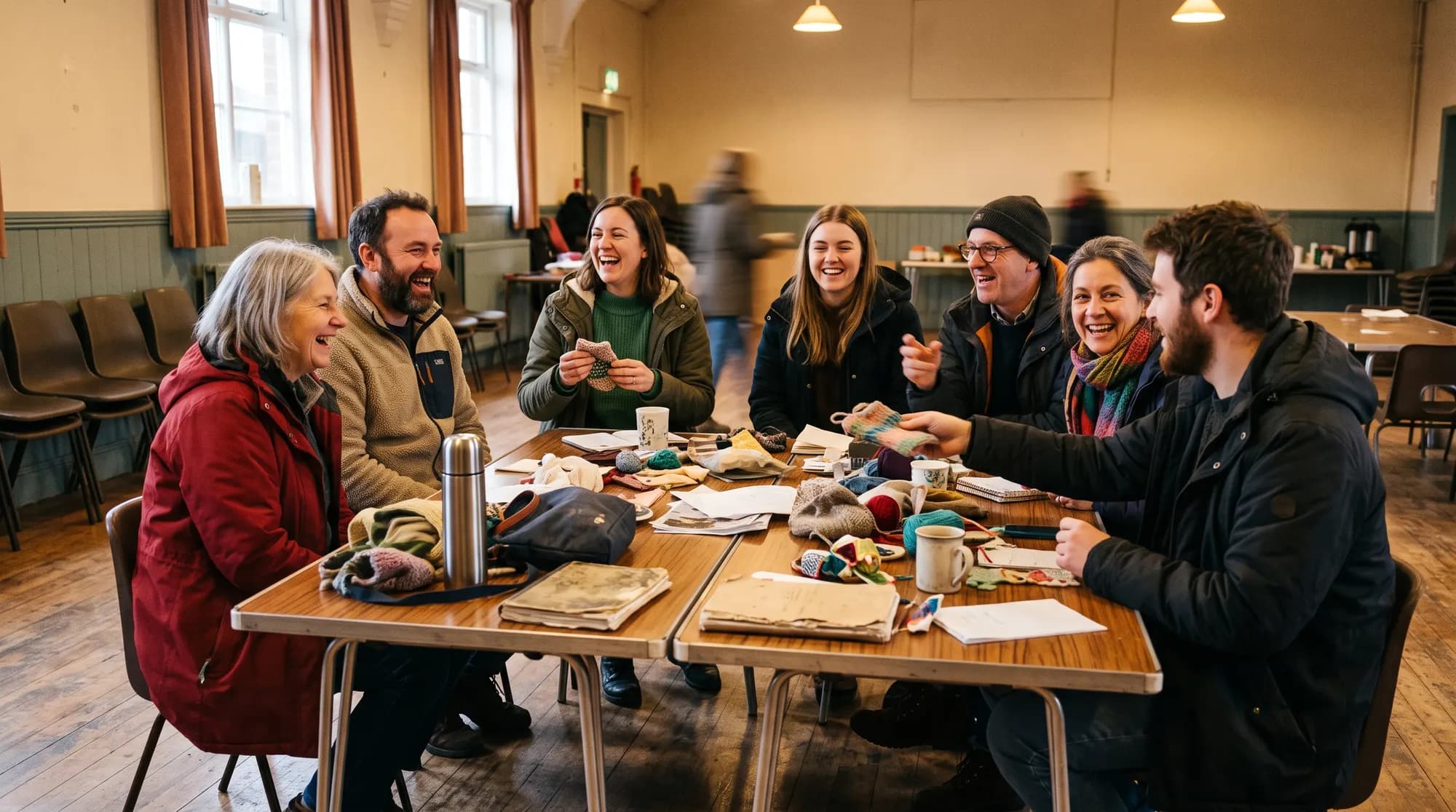 Eight people seated around trestle tables in a community hall, laughing, with textiles, mugs and a flask spread across the table between them.