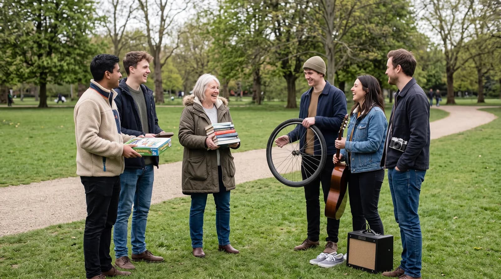 Six people standing in a park holding what they have brought: a board game, a stack of books, a bicycle wheel, an acoustic guitar and a camera, with an amplifier and a pair of trainers on the grass.