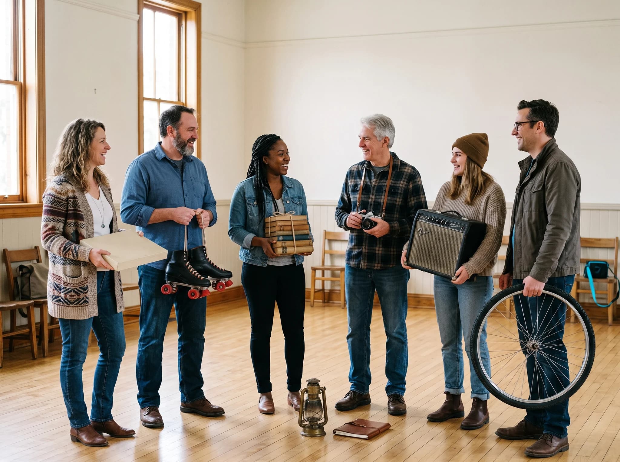 Six people standing in a loose line in a bright wood-floored hall with tall windows, each holding one thing they have brought: a flat boxed item, a pair of black roller skates, a stack of hardback books tied with string, a film camera on a strap, a small guitar amplifier and a bicycle wheel. A brass lantern and a leather folio sit on the floor between them.