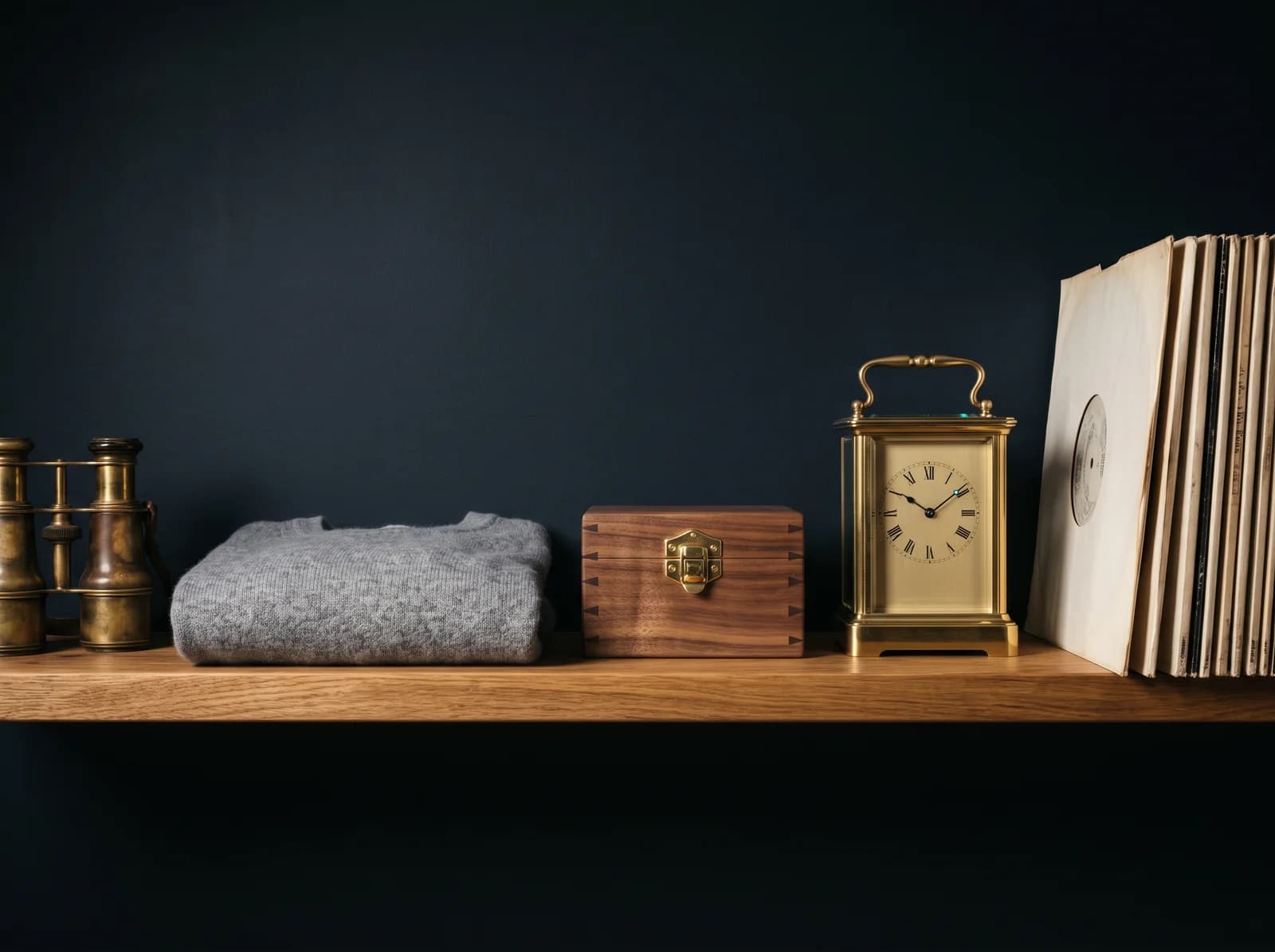 A pale timber shelf against a dark navy wall holding brass opera glasses, a folded grey lambswool jumper, a dovetailed walnut box with a brass latch, a brass carriage clock and a row of records in paper sleeves.