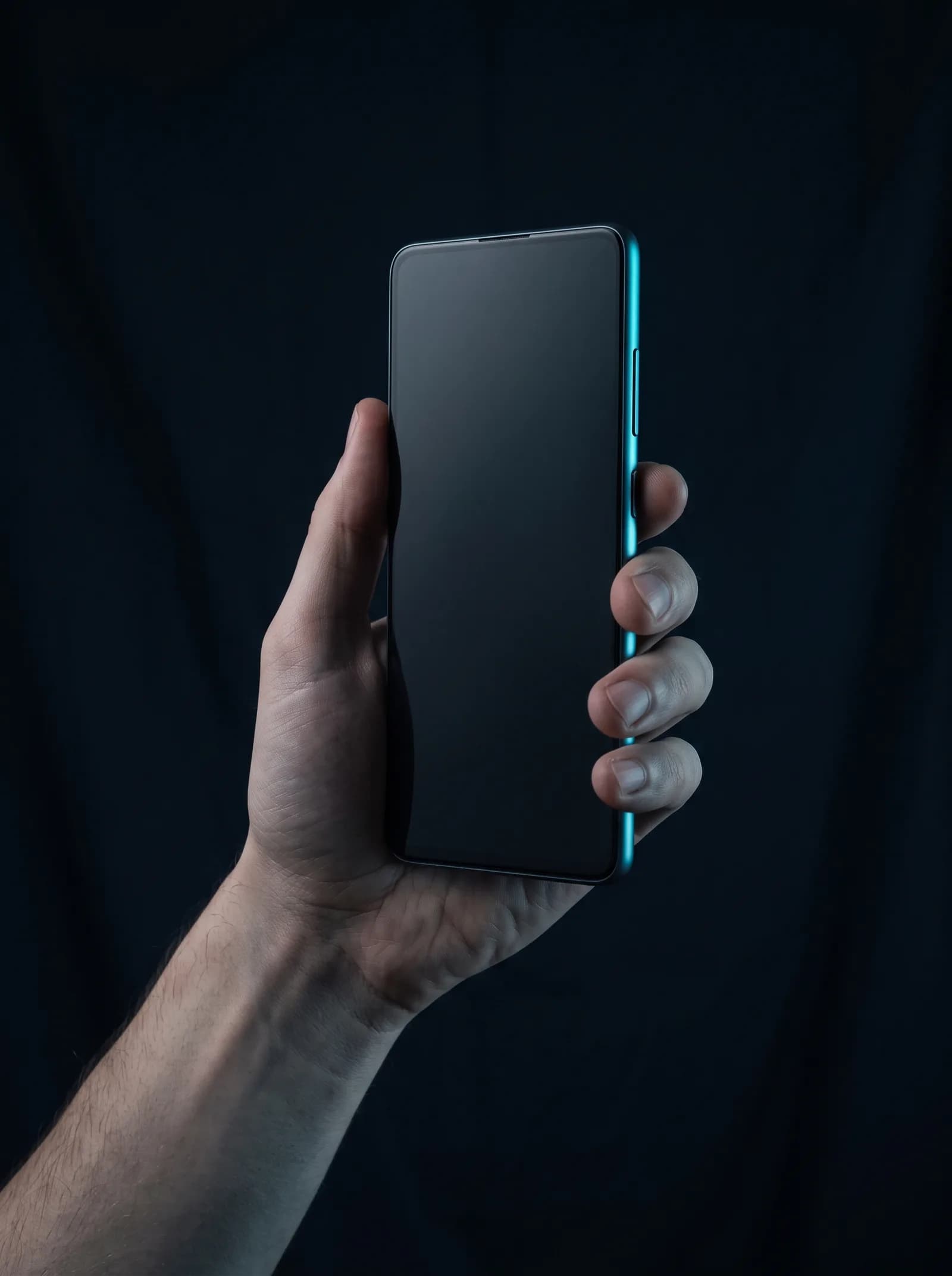 A hand holds a phone up against a near-black background. The screen is completely blank and a thin cyan edge light runs down one side.