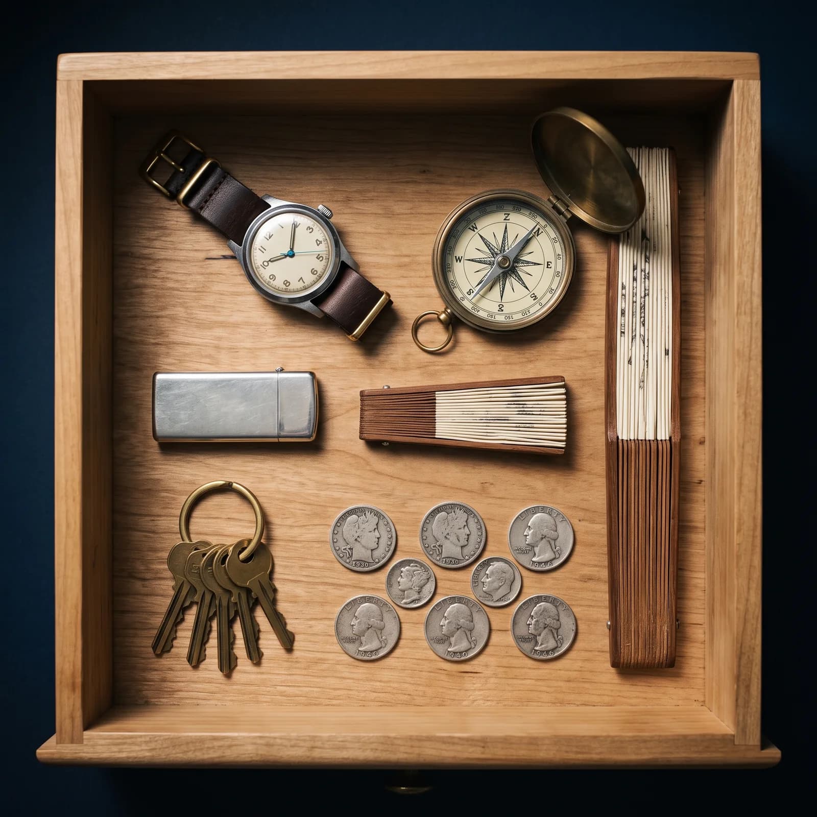 An open wooden drawer photographed from above, holding a wristwatch on a sound leather strap, a brass pocket compass, a polished steel lighter, two folding fans, a ring of brass keys and about nine silver coins laid out on clean bare wood.