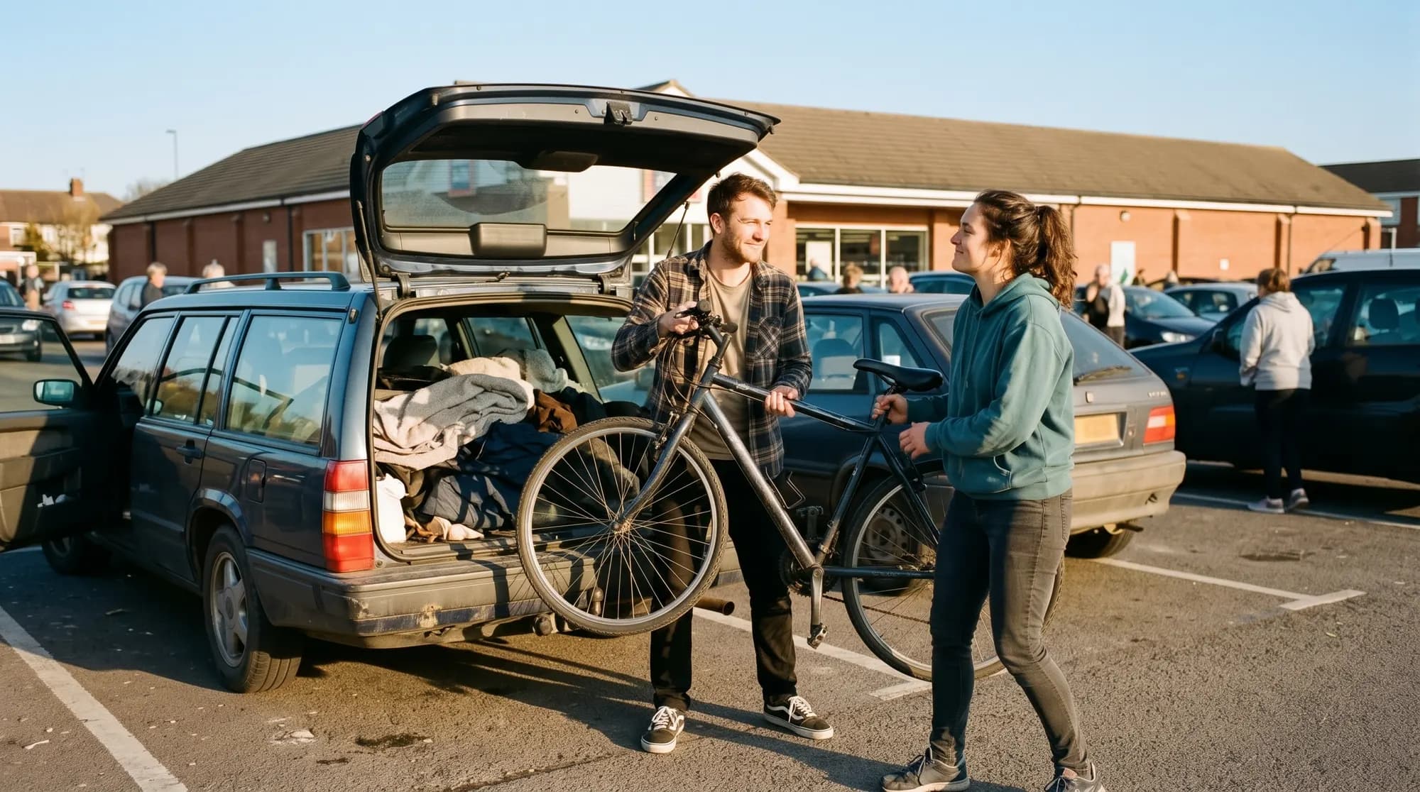 Two people in a car park lifting a bicycle between them beside the open tailgate of an old estate car packed with blankets, a supermarket building and other shoppers behind them.