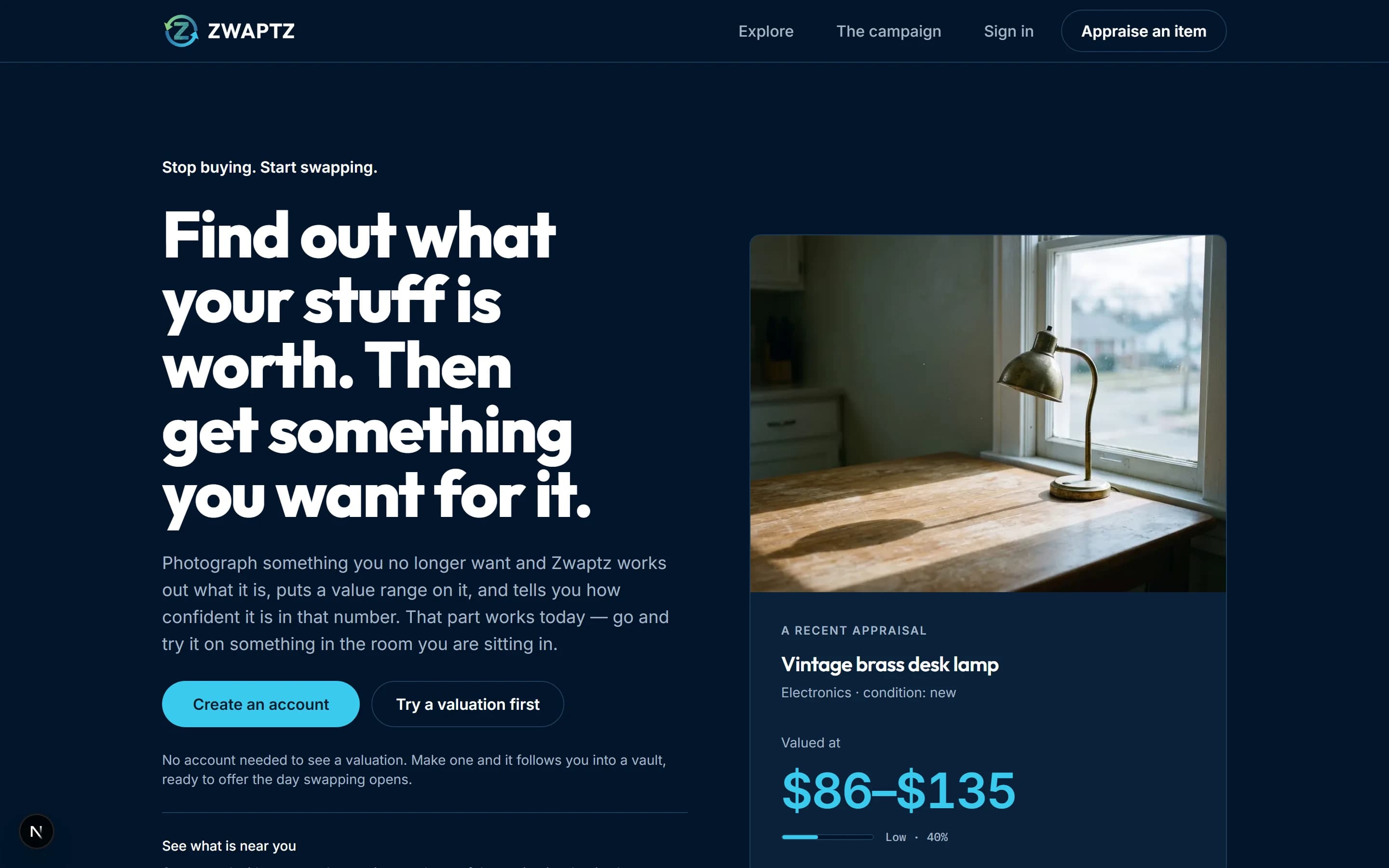 The Zwaptz home page, signed out, showing a recent appraisal of a vintage brass desk lamp valued at $86 to $135.