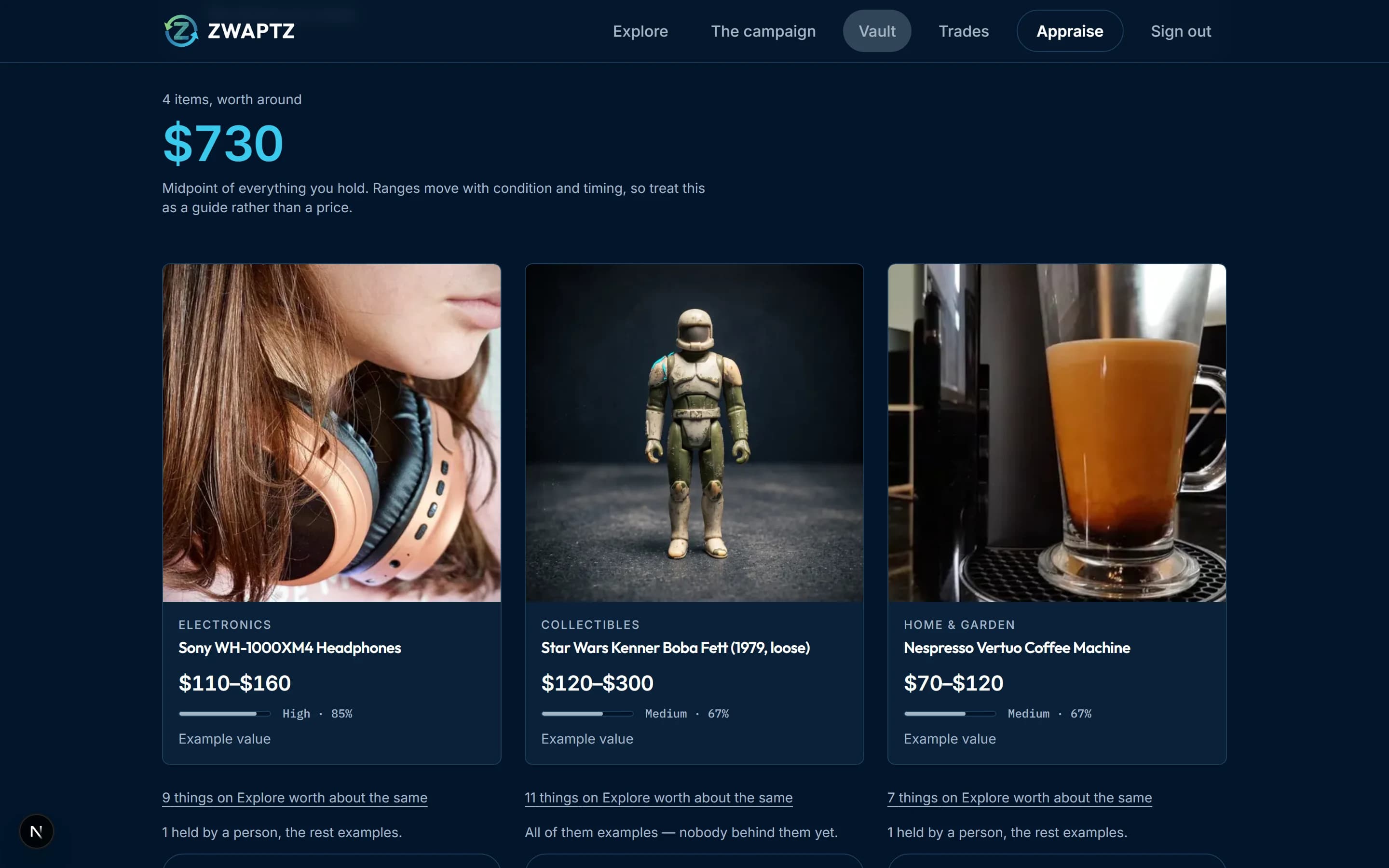 The Zwaptz vault: a heading reading 4 items, worth around $730, above the items it holds with their valuation bands.