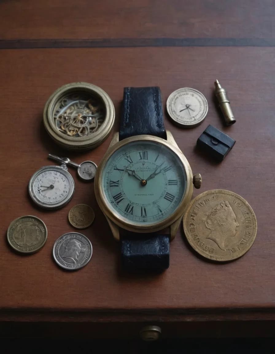 A wristwatch with a cream dial and a navy leather strap on a wooden desk top, surrounded by an open pocket-watch movement in a brass case, two small dial instruments, a brass whistle and several silver and brass coins.