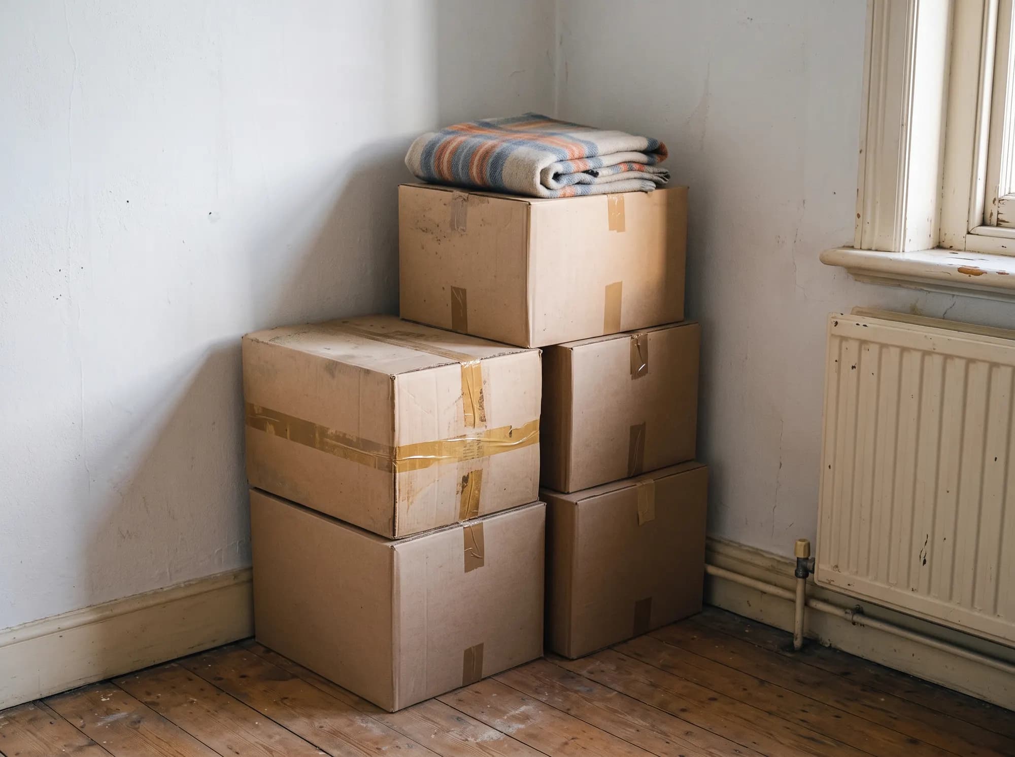 Five taped cardboard boxes stacked in the corner of an empty room with bare floorboards, a folded plaid blanket on top of them and an old radiator against the wall.