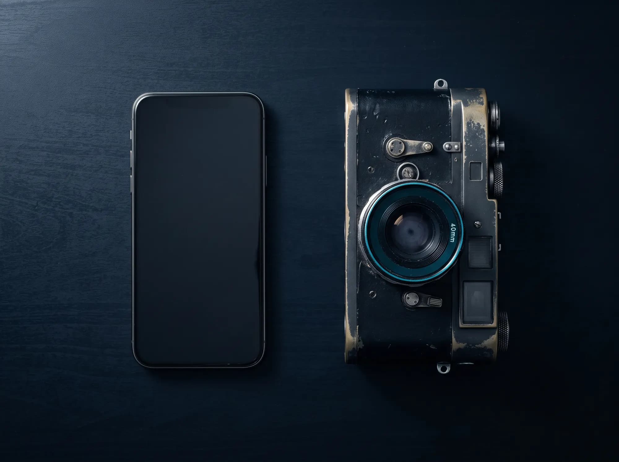 A phone lying face down on a dark table beside a second-hand camera.