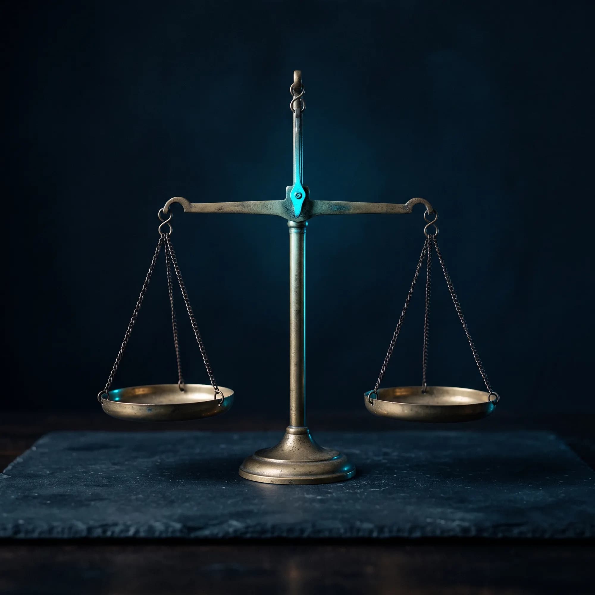 A small brass balance scale on a dark surface, both pans empty and level.