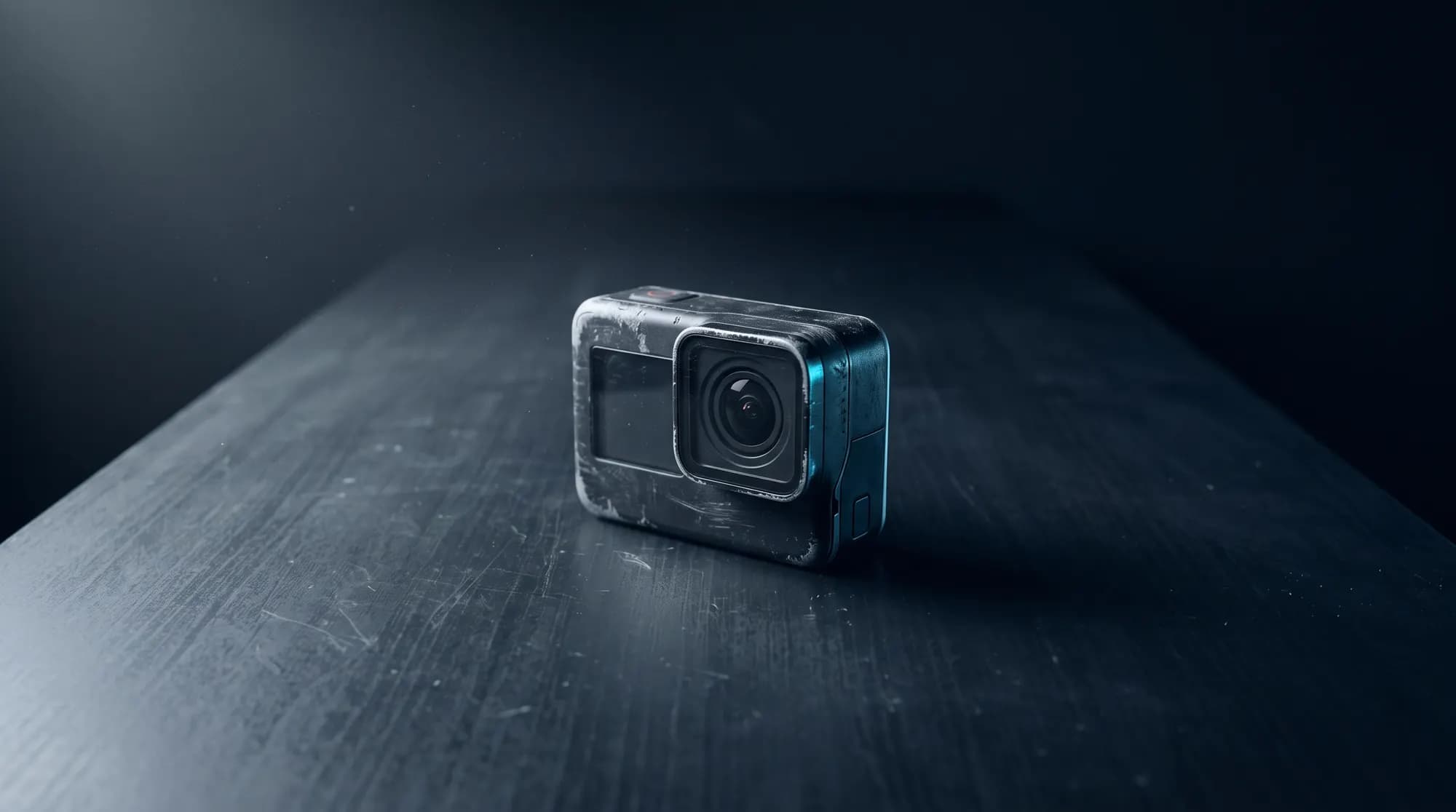 A scuffed second-hand action camera alone on a dark table, lit from one side.