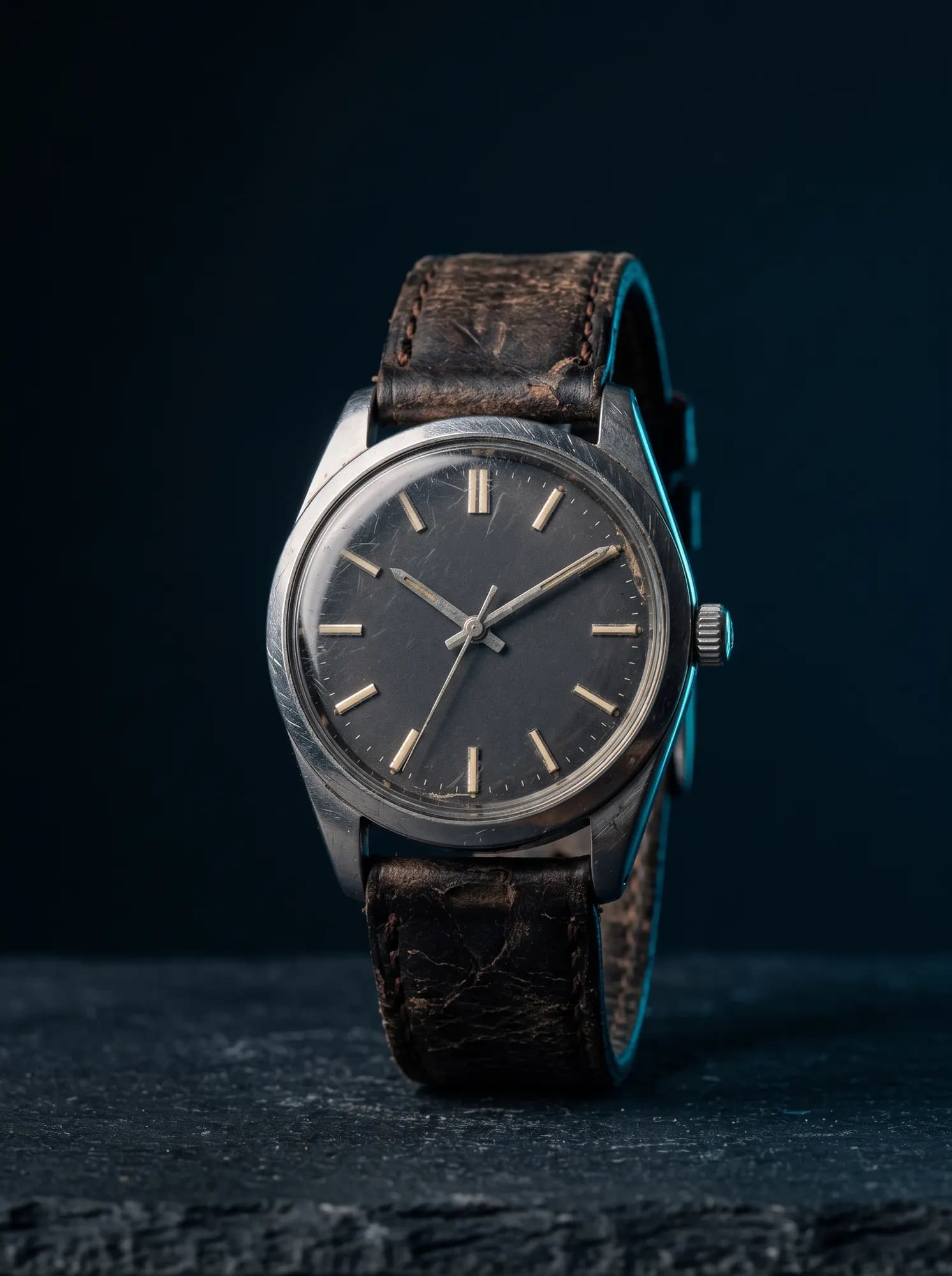 A second-hand wristwatch standing upright on a dark surface, its worn leather strap visible.