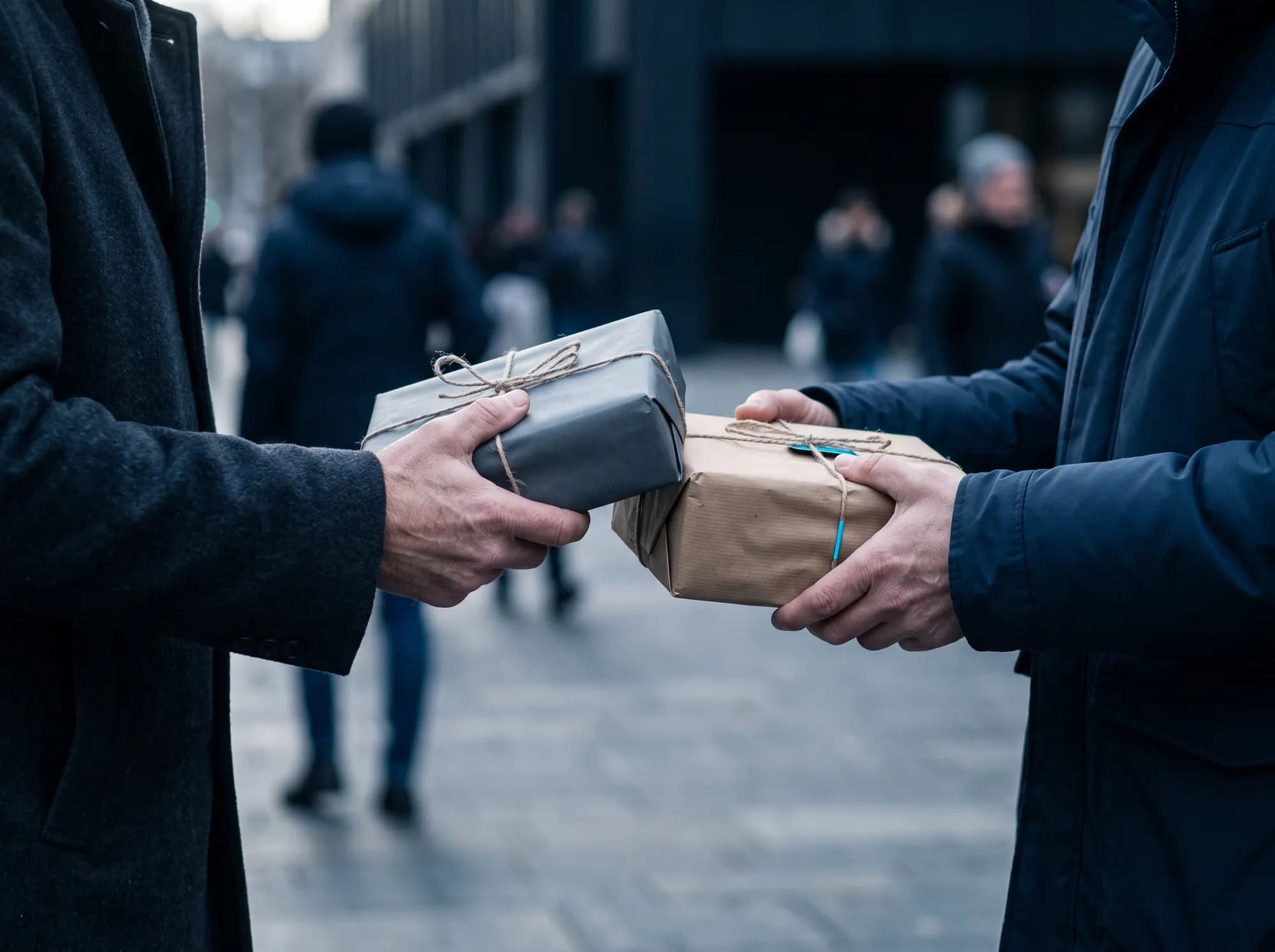 Two people exchanging wrapped parcels, cropped at the shoulders.