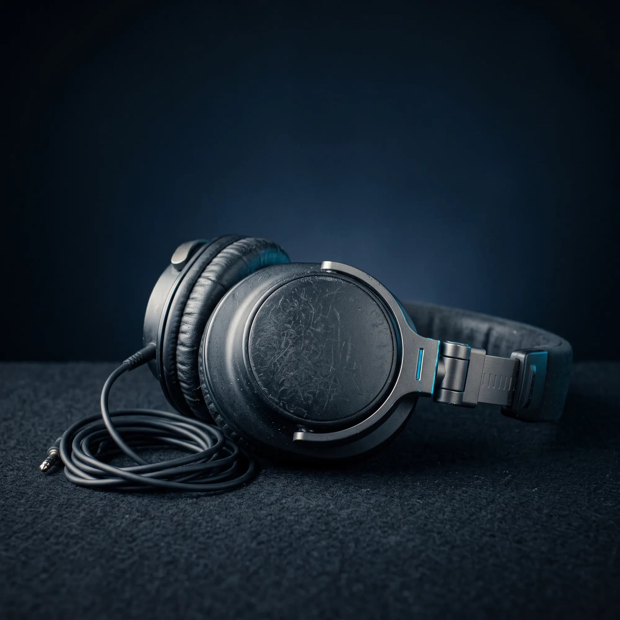Used over-ear headphones resting on their side on a dark surface.