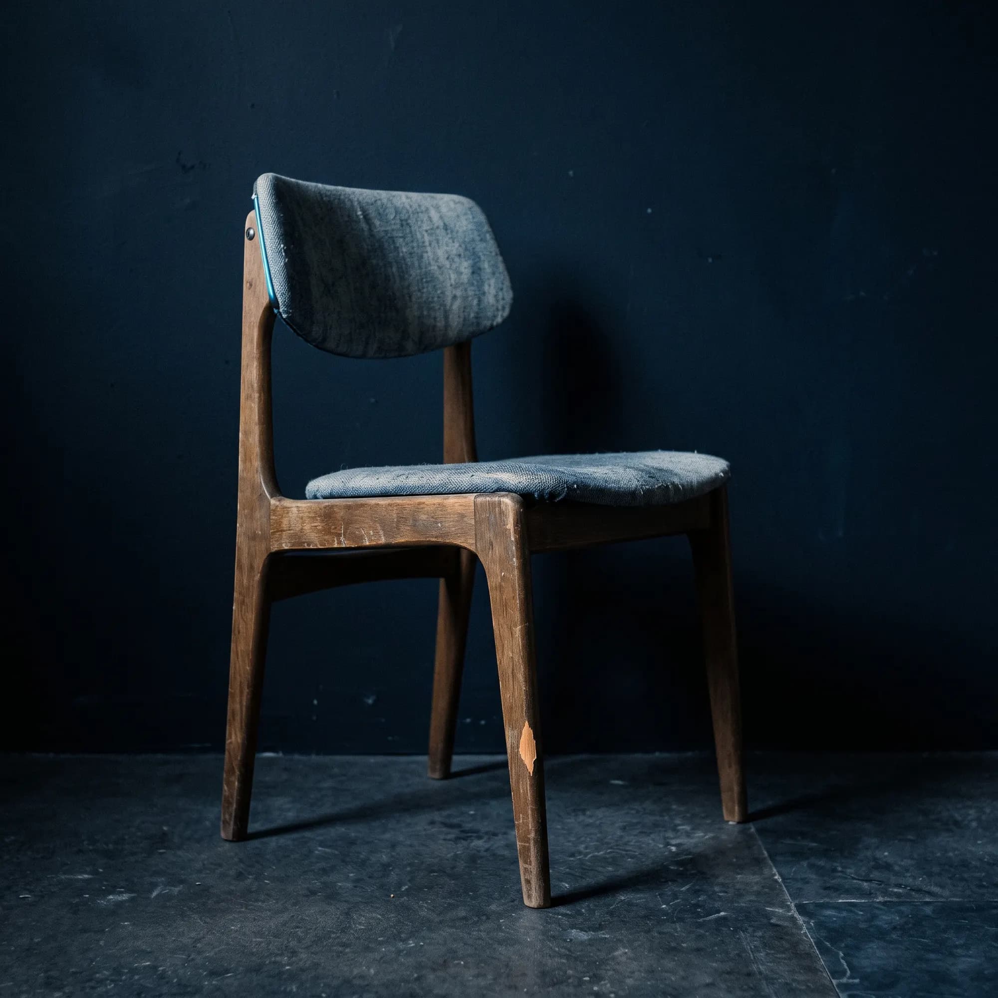 A worn mid-century wooden side chair against a dark wall.