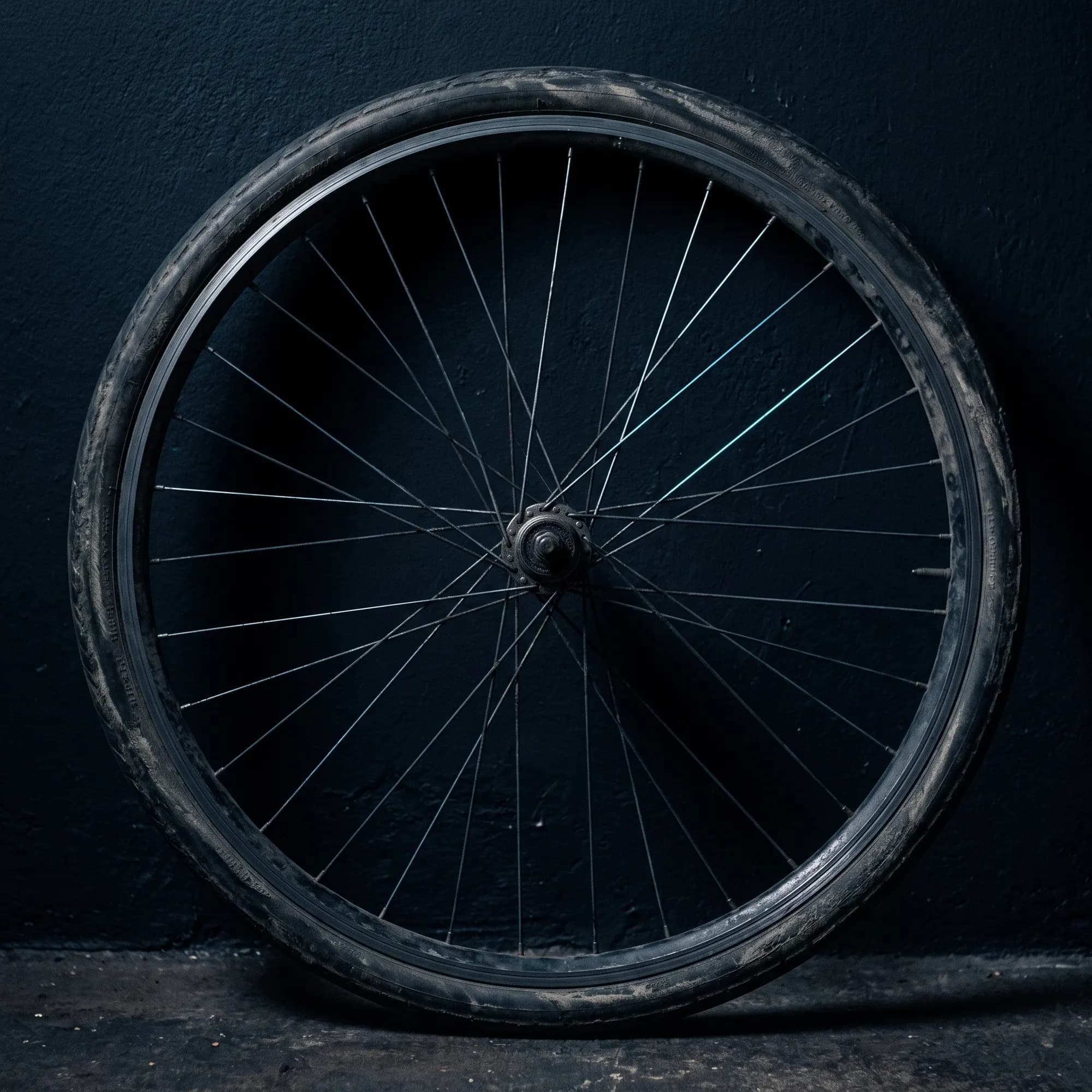 A used bicycle wheel leaning against a dark wall.