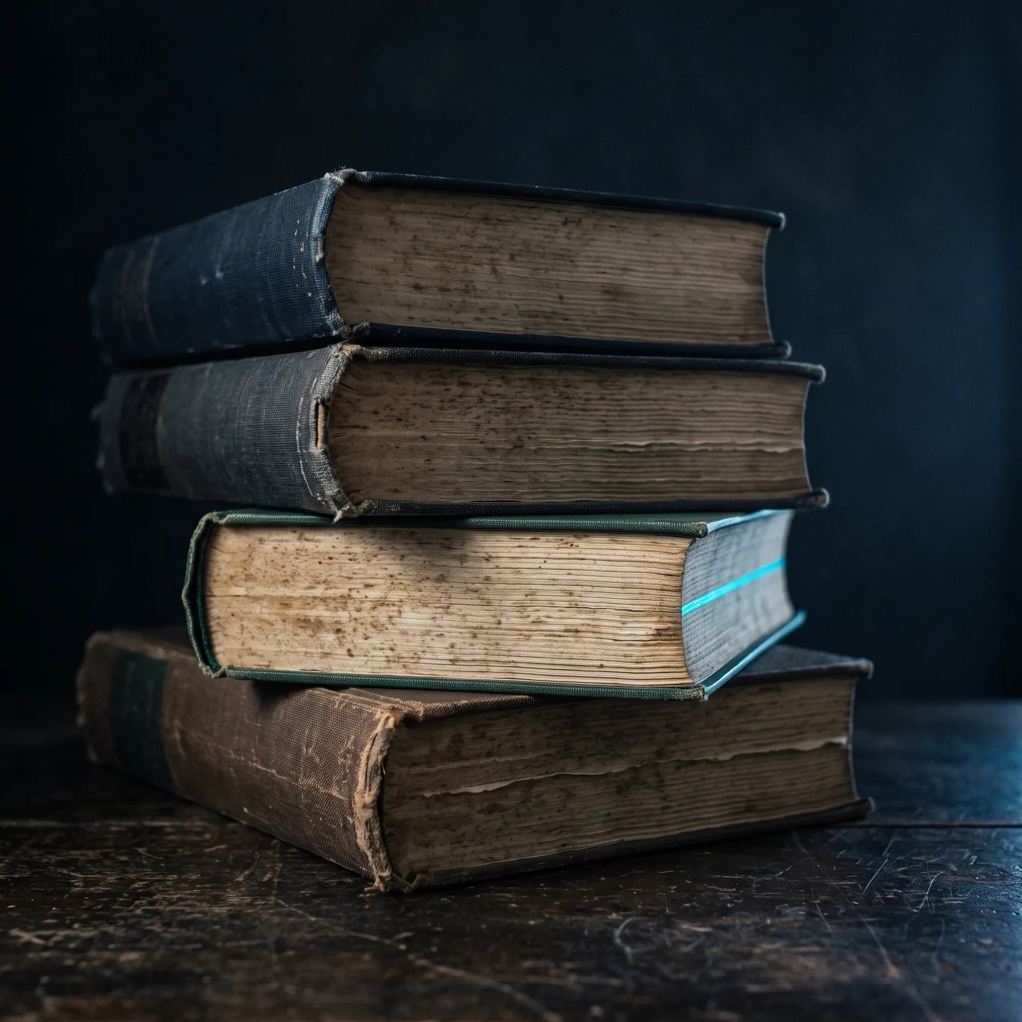 Four hardback books stacked unevenly, their page edges facing the camera.