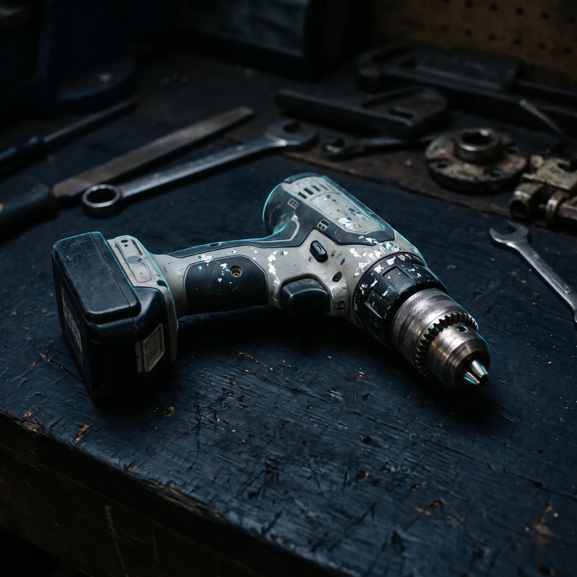 A paint-flecked cordless drill lying on its side on a dark surface.