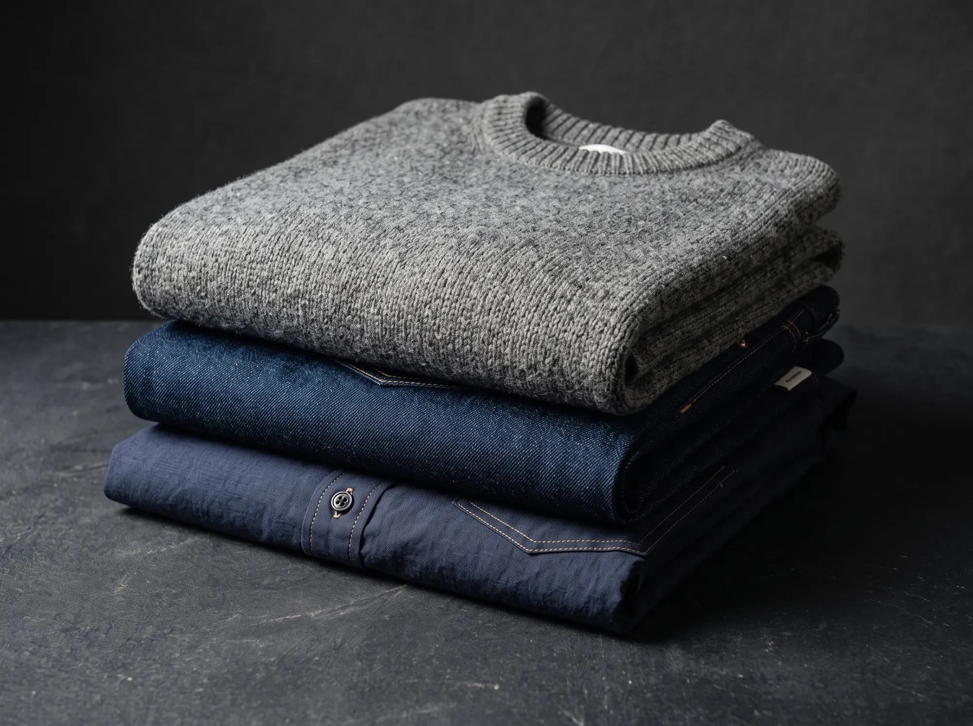 A folded grey wool jumper, indigo denim and a navy shirt stacked on a dark surface.