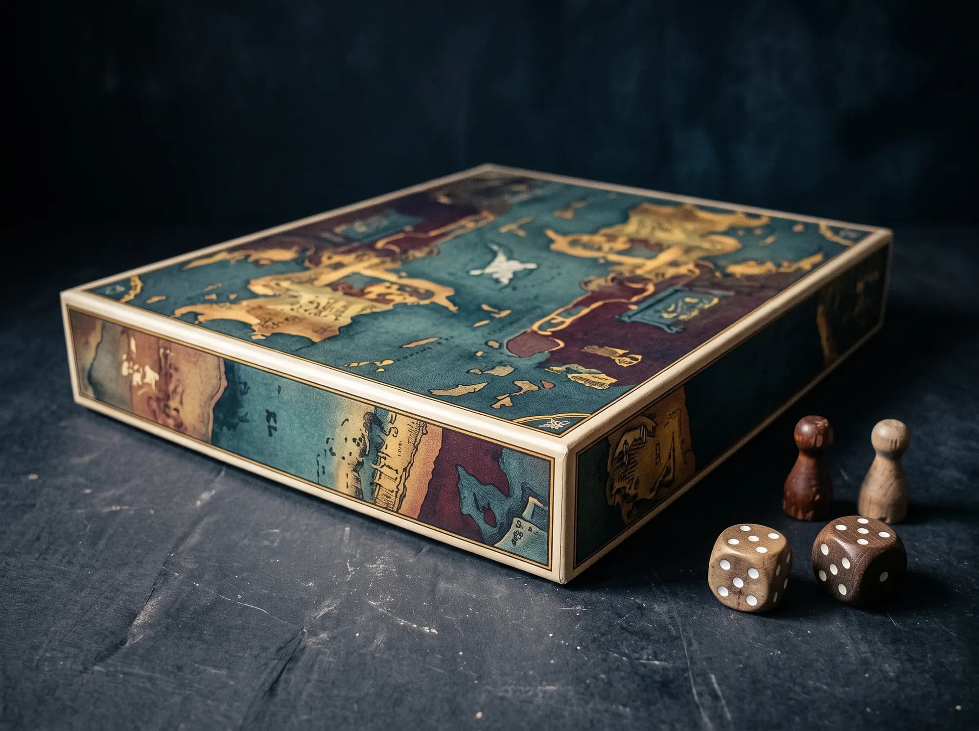 A worn board game box lying flat beside two wooden playing pieces and two dice.