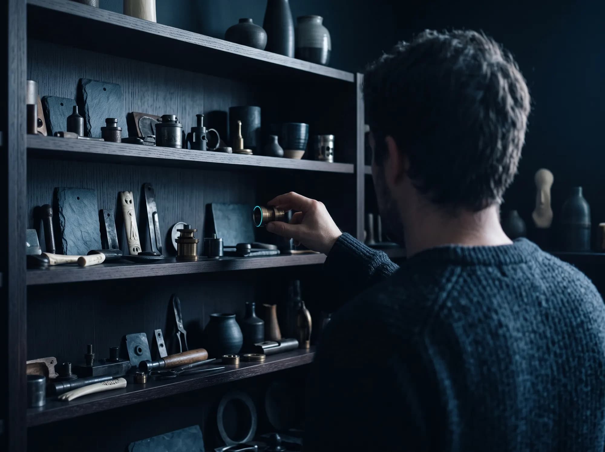 Someone seen from behind at a dimly lit shelf of carefully arranged objects, reaching to lift one down.