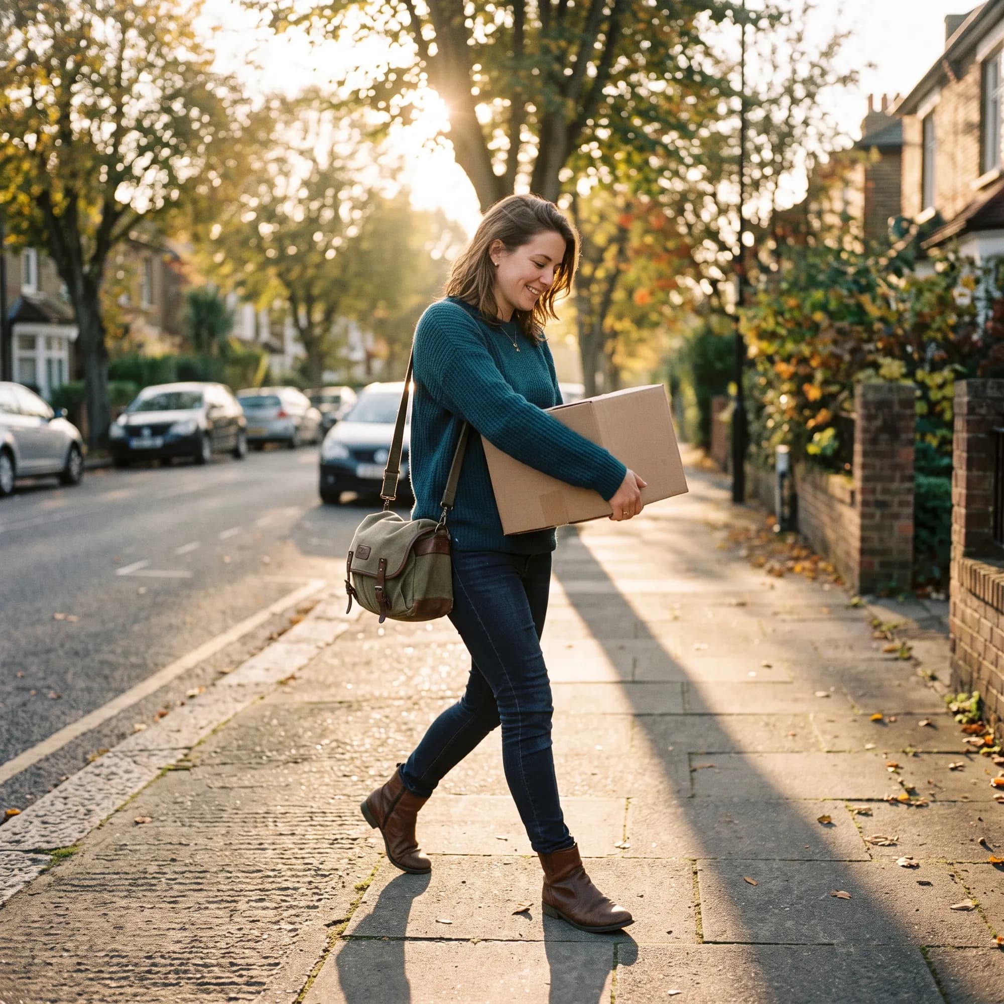 A person walking along a suburban pavement in low evening sun, carrying a taped cardboard box under one arm.