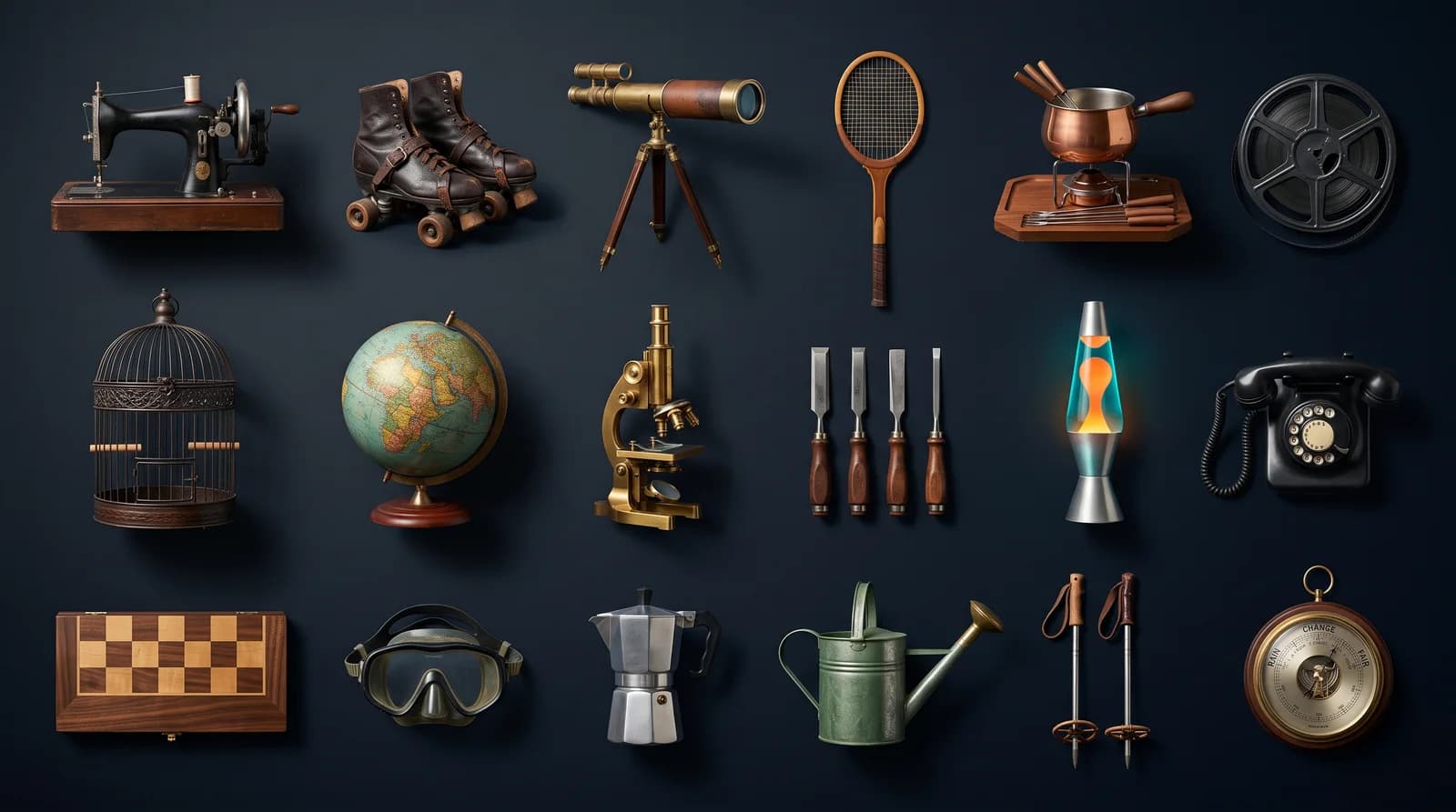 Eighteen second-hand objects arranged in three rows on a near-black surface, among them a hand-crank sewing machine, a birdcage, a globe, a lava lamp and a rotary telephone.