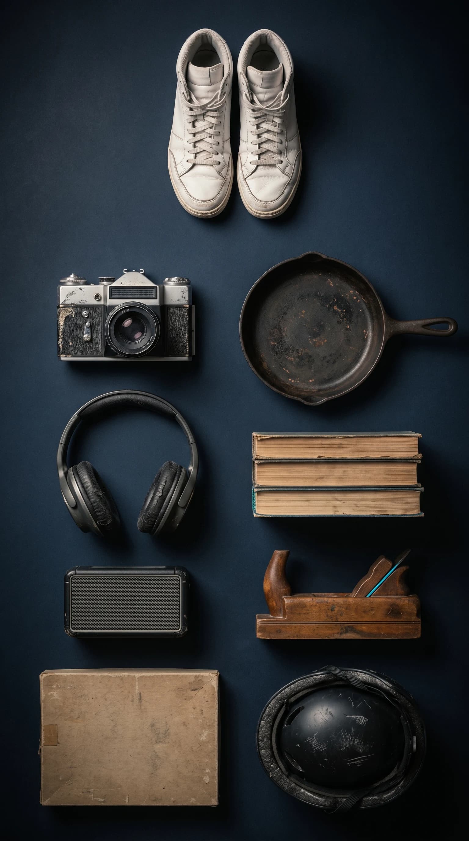 Nine second-hand objects arranged in rows on a dark surface, photographed from above.