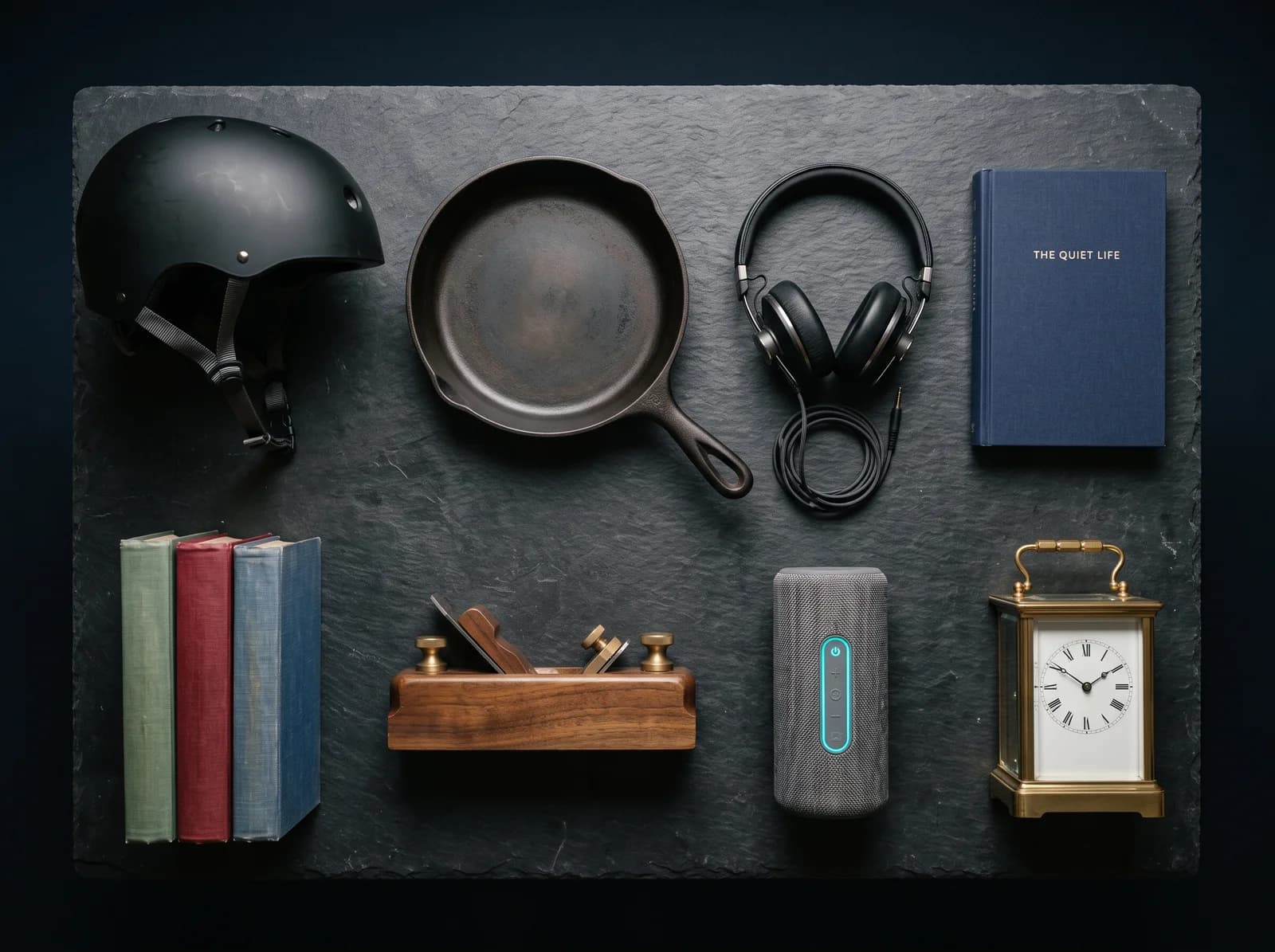 Eight second-hand objects laid out on a dark slate slab: a scuffed skate helmet, a cast-iron pan, headphones, a cloth-bound book, three stacked hardbacks, a worn cardboard box, a wooden hand plane and a fabric-covered speaker.