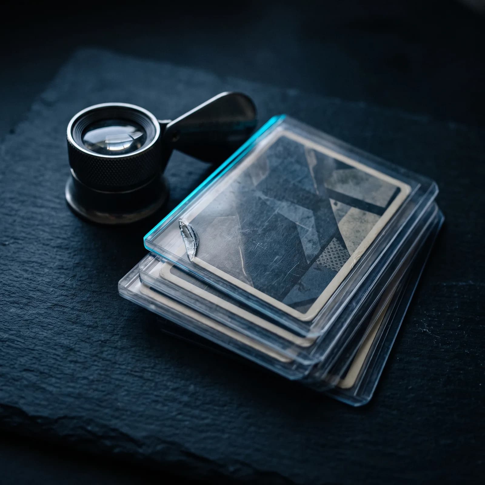 A jeweller's loupe on a dark slate surface beside a short stack of trading cards in clear rigid holders, the top card visibly worn at one corner.