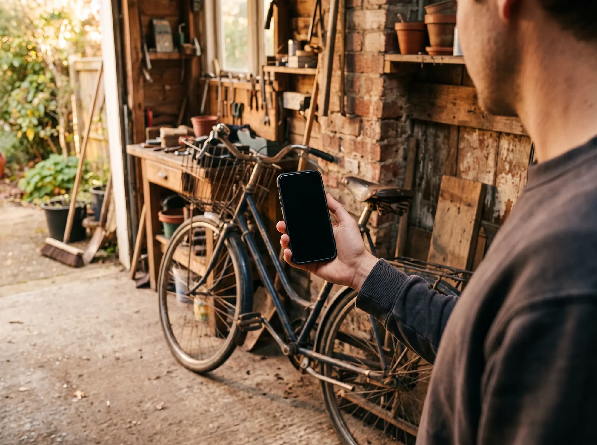 Seen over a man's shoulder, a hand holds up a phone with a dark, switched-off screen toward an old bicycle leaning against a brick garden workshop, terracotta pots on a shelf above it.