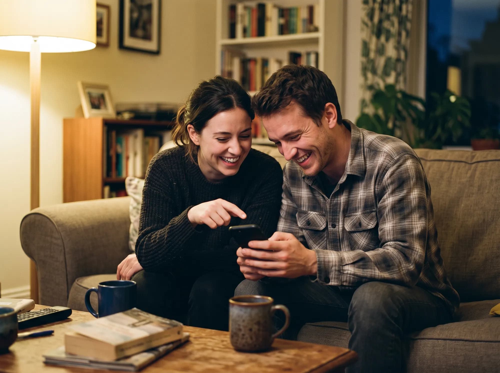 A couple sit together on a sofa in a lamplit sitting room, both laughing as they look at a phone one of them is holding, with mugs and books on the coffee table in front of them.