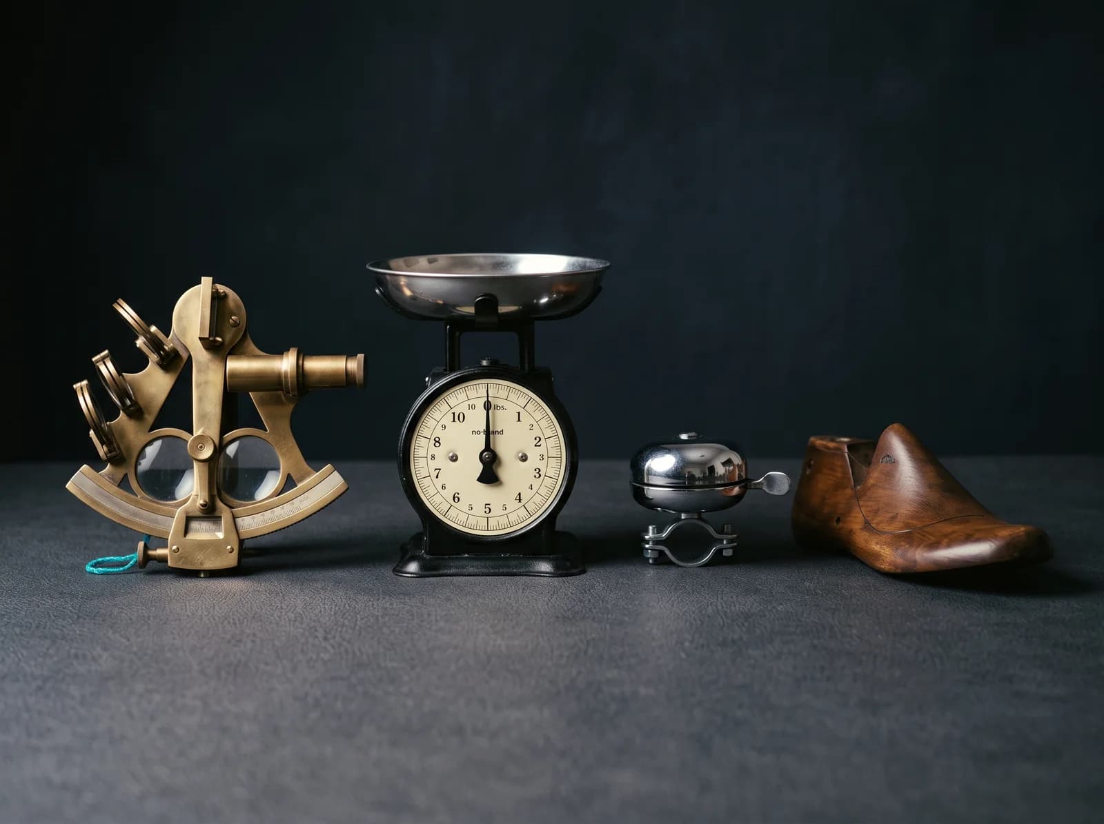 A brass sextant, a cast-iron kitchen scale with a scratched steel pan, a wooden shoe last and a brass hand bell arranged on a scuffed dark table.