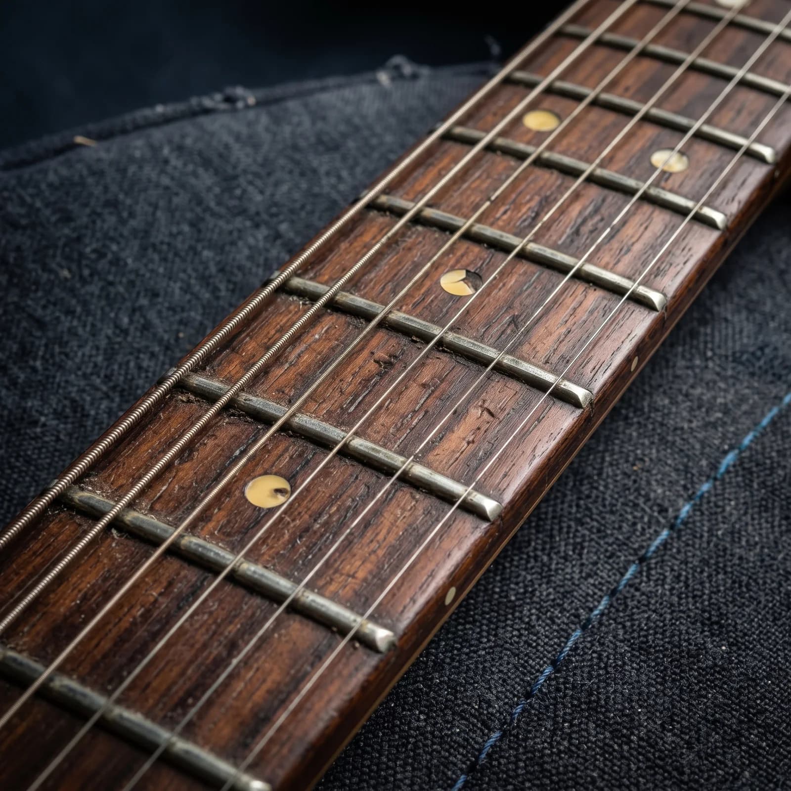 An extreme close-up of a rosewood guitar fretboard, the frets worn into shallow divots beneath the strings and the wood darkened where a hand has held it.