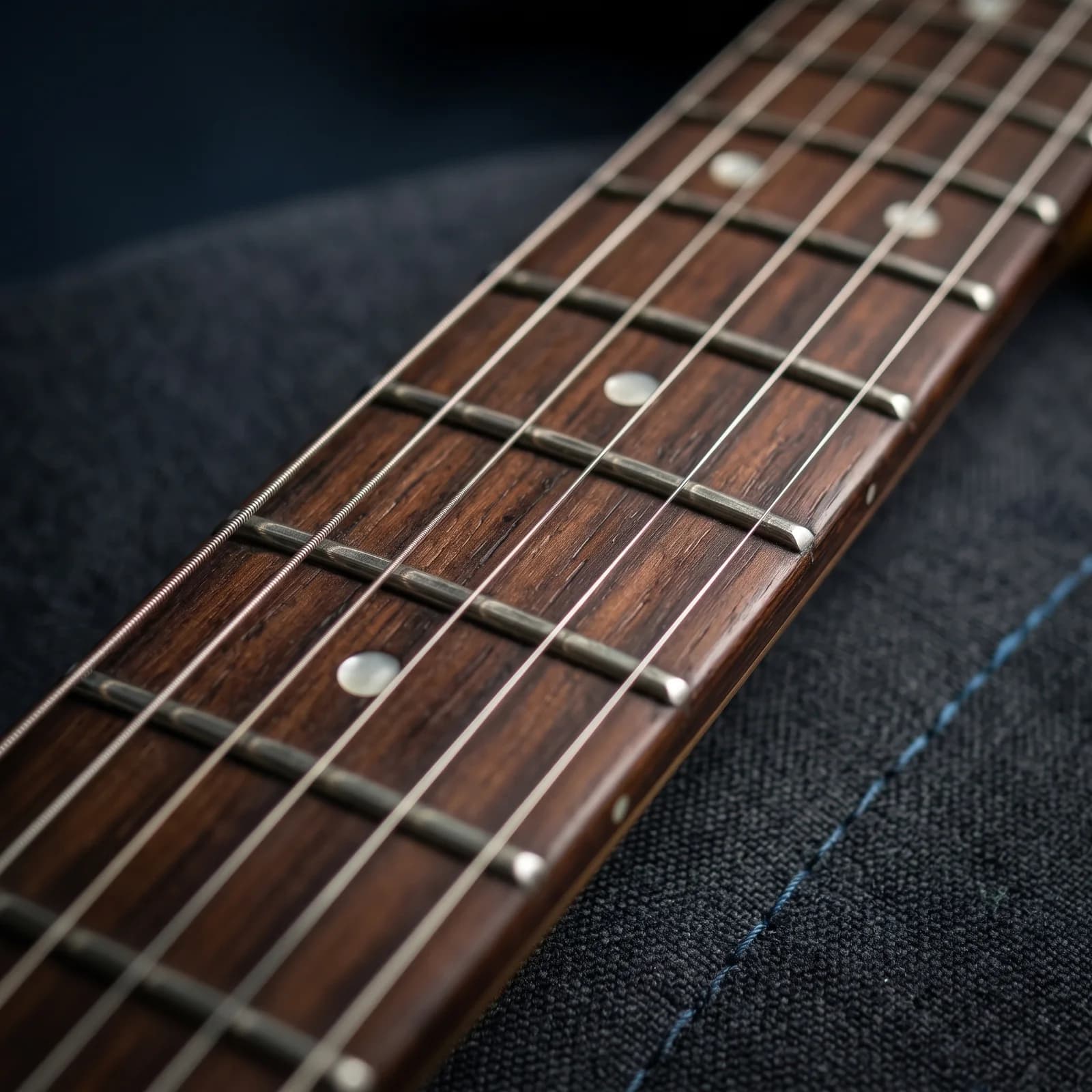 A close-up of a clean rosewood guitar fingerboard with bright, evenly spaced strings and polished frets.