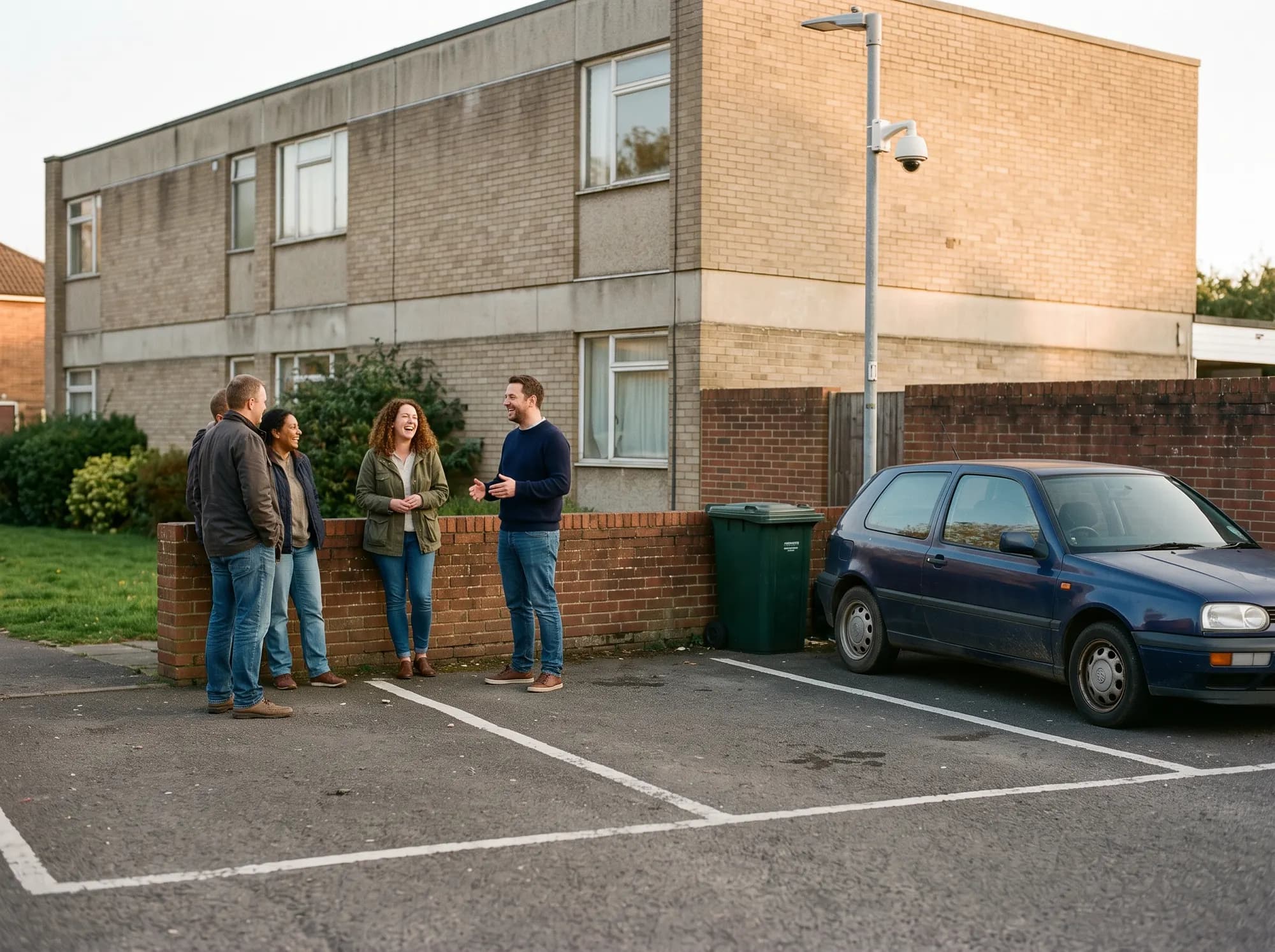 Four people talking beside a low brick wall in a car park outside a two-storey municipal building, a camera dome mounted on the lamp post above them and marked bays painted on the tarmac.
