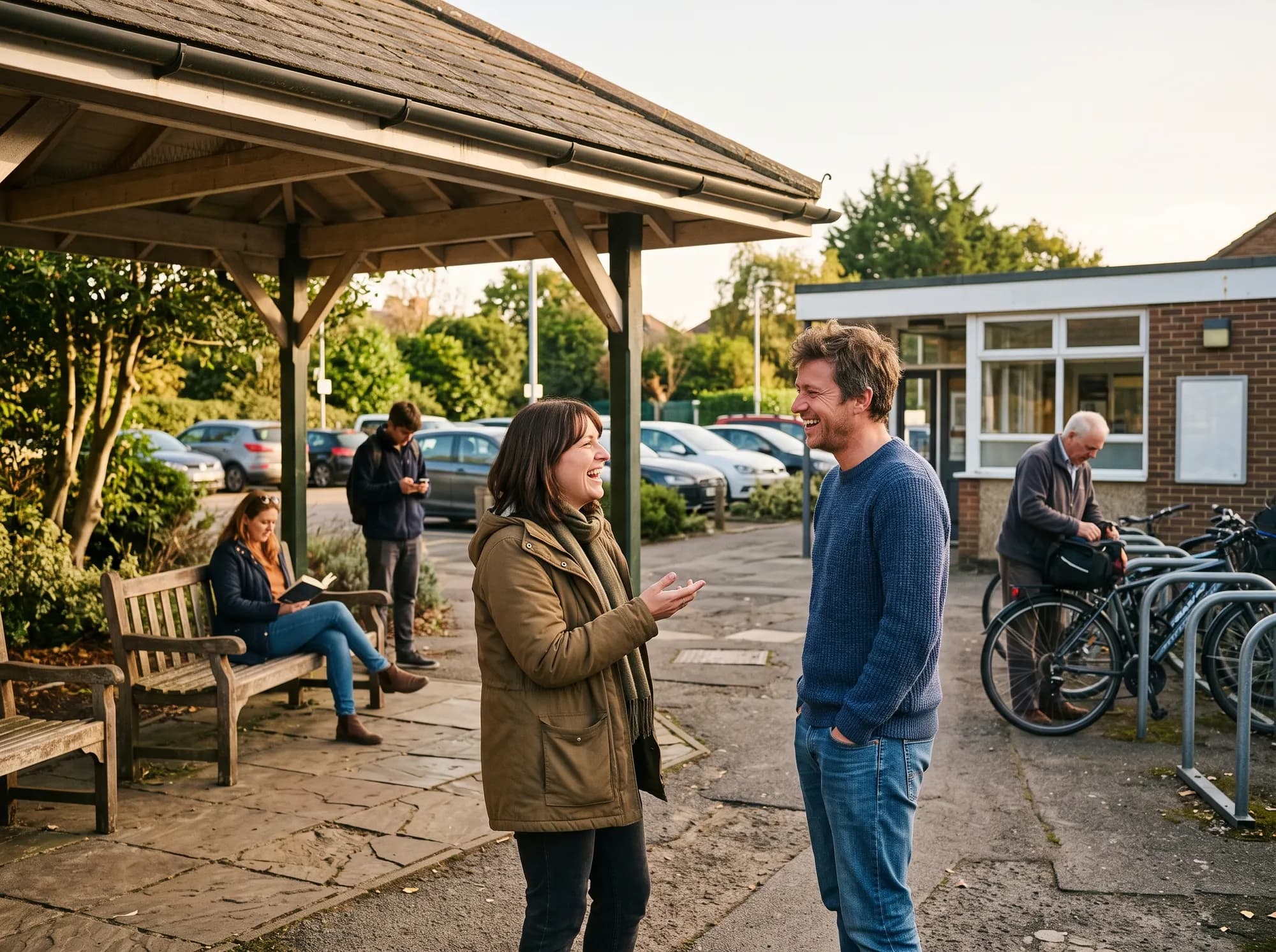 Two people laughing under a wooden shelter outside a station building, a woman reading on a bench nearby, a man on his phone, a cycle rack and a car park behind them.