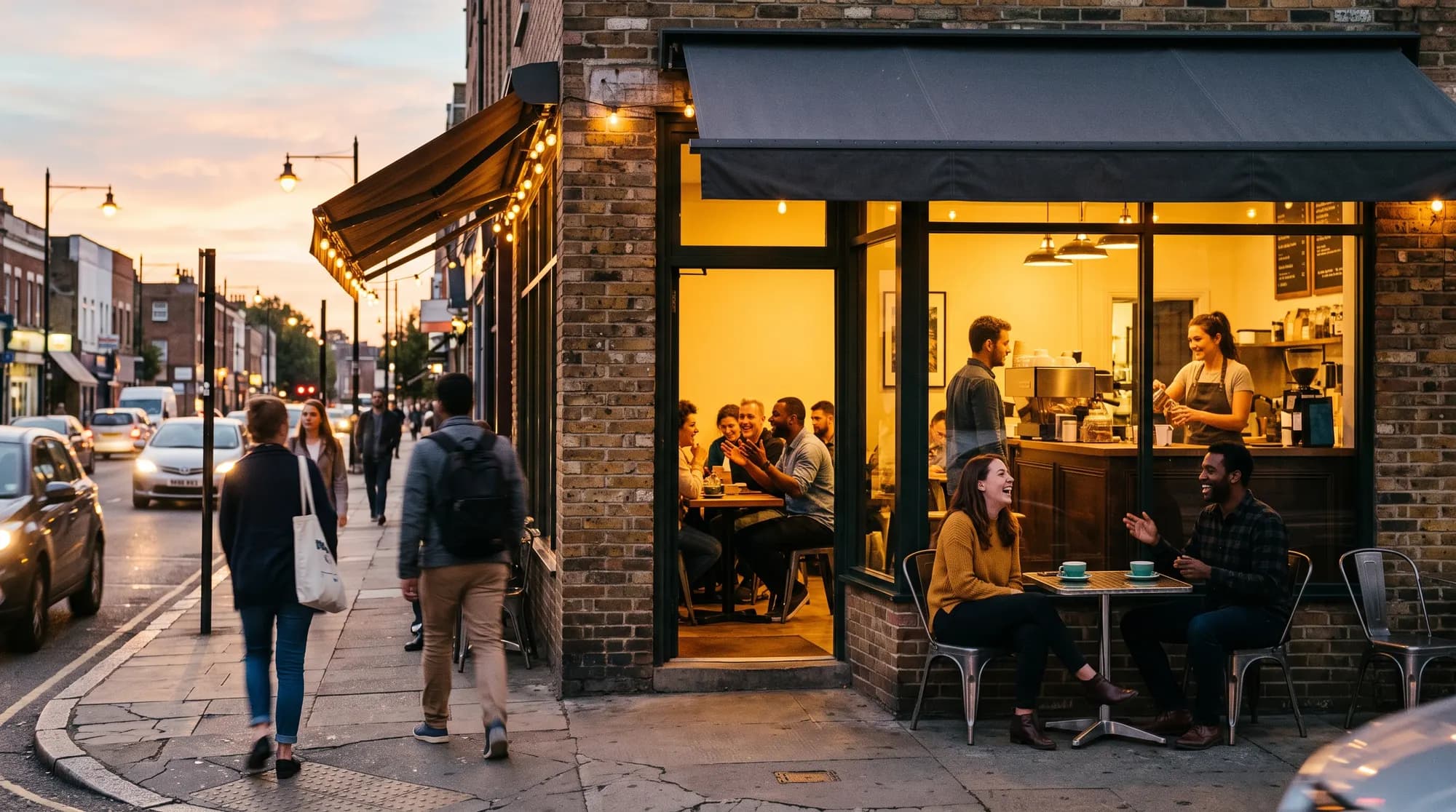 A corner café at dusk with a striped awning and festoon lights, two people sitting at an outside table, a barista visible at the window, and people walking past on the pavement.