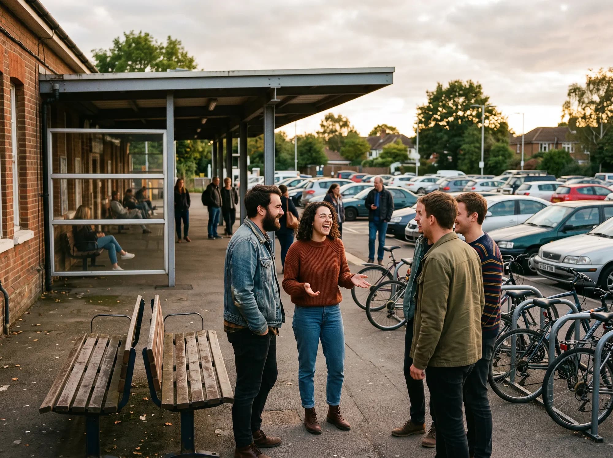 Five people talking outside a brick station building beside a bus shelter and a bicycle, with a full car park and more people waiting under the canopy behind them.