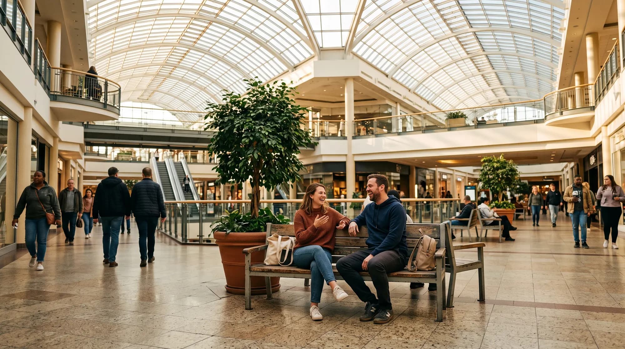 A couple laughing on a bench in a glass-roofed shopping centre, a large planter behind them, about a dozen shoppers walking past and escalators in the distance.