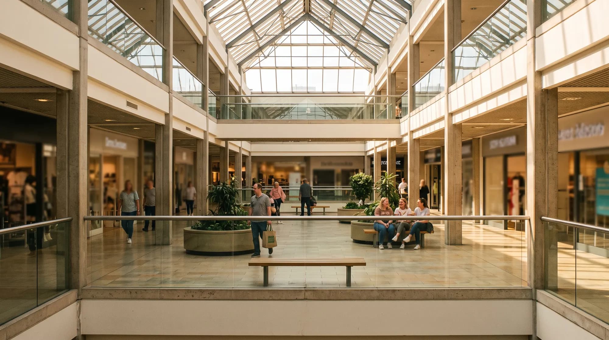 The glass-roofed atrium of a shopping centre, shoppers crossing the floor below and daylight coming through the roof.