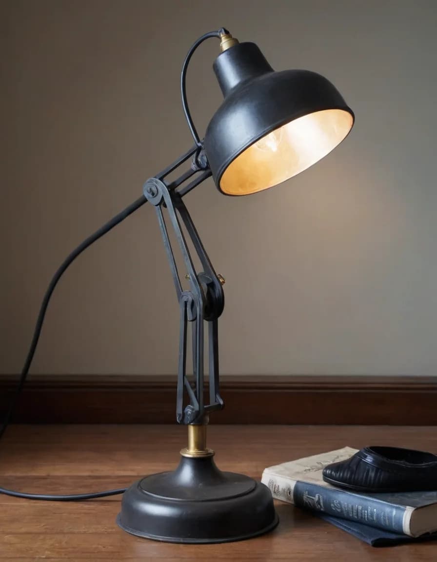 A brass and black anglepoise desk lamp lit on a wooden desk beside two hardback books, its shade glowing warm against a plain wall.